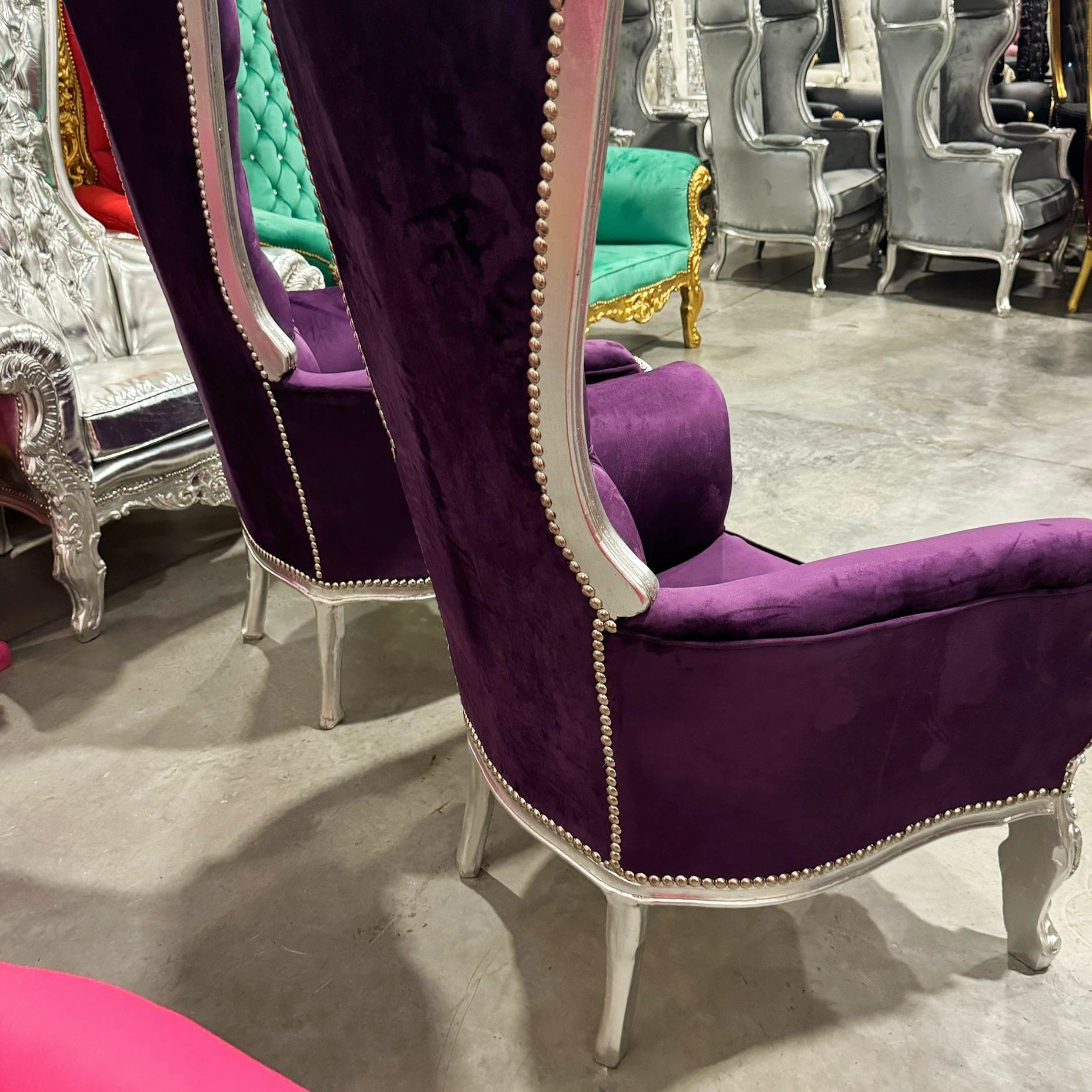 Throne Chair French Style Purple Velvet High-Back Tufted Silver Throne