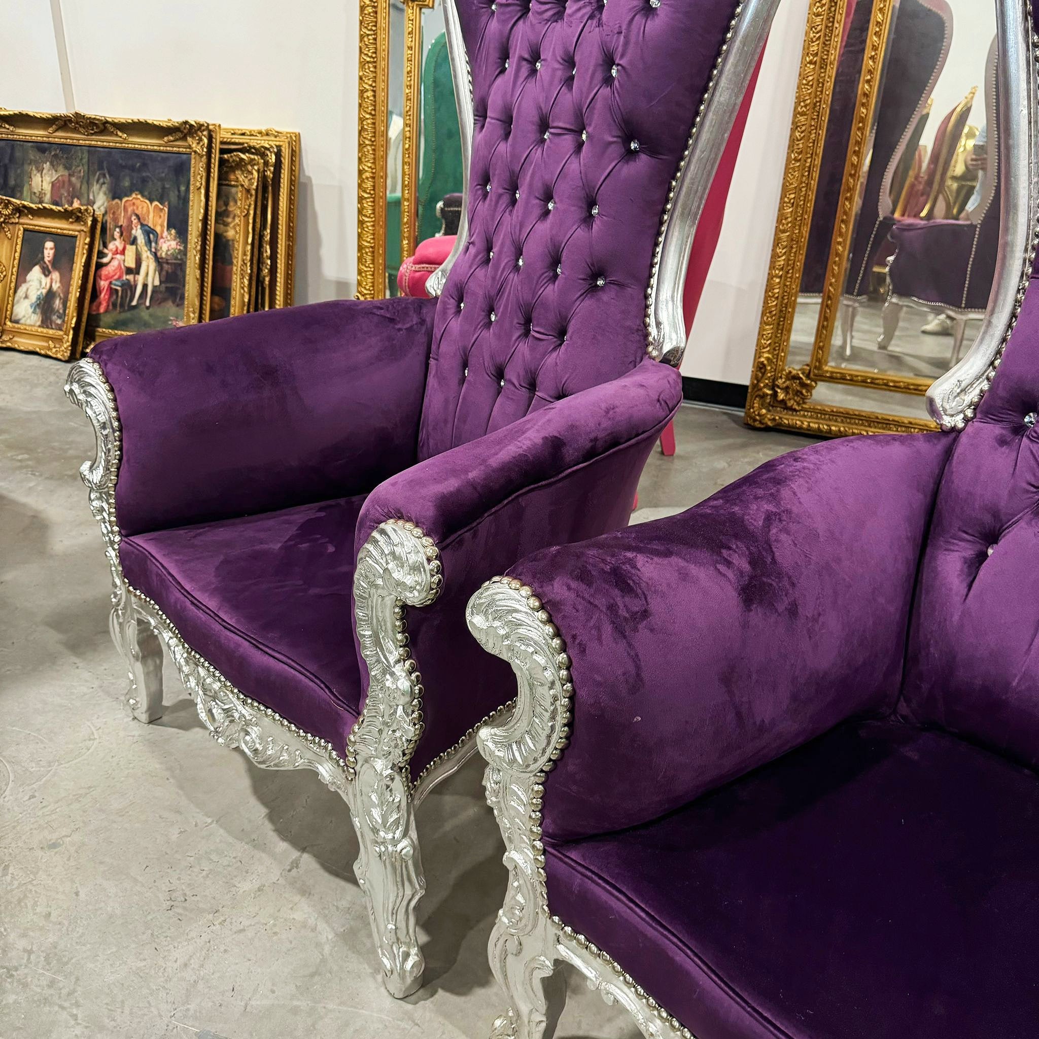 Throne Chair French Style Purple Velvet High-Back Tufted Silver Throne