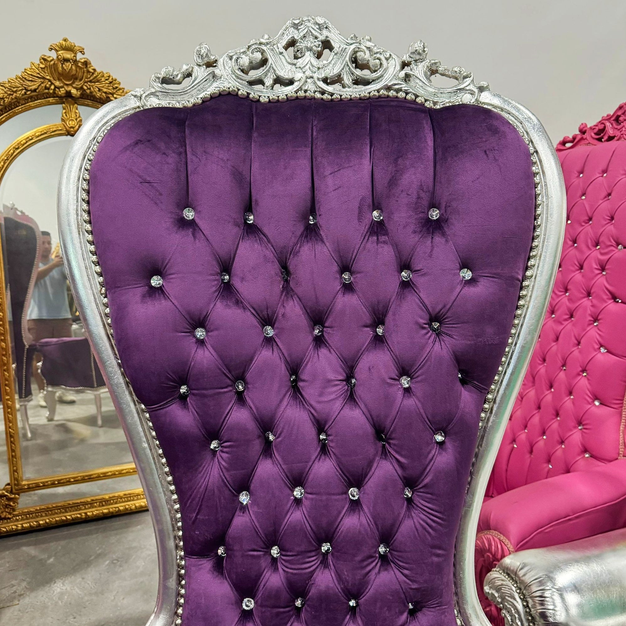 Throne Chair French Style Purple Velvet High-Back Tufted Silver Throne