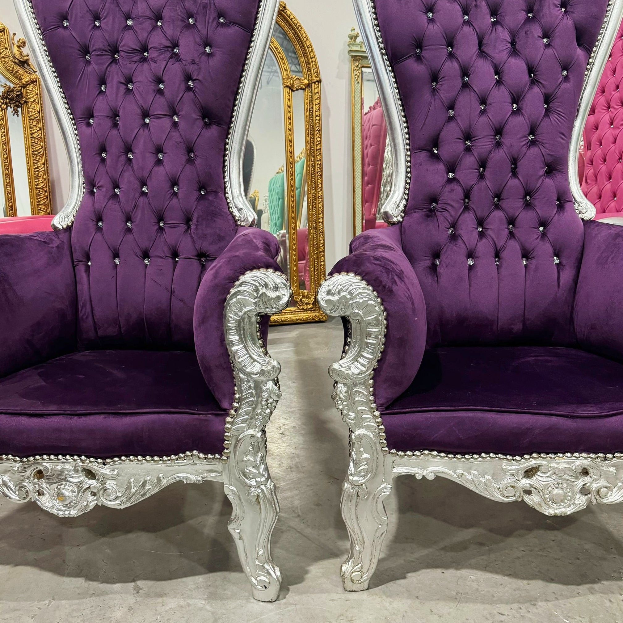 Throne Chair French Style Purple Velvet High-Back Tufted Silver Throne
