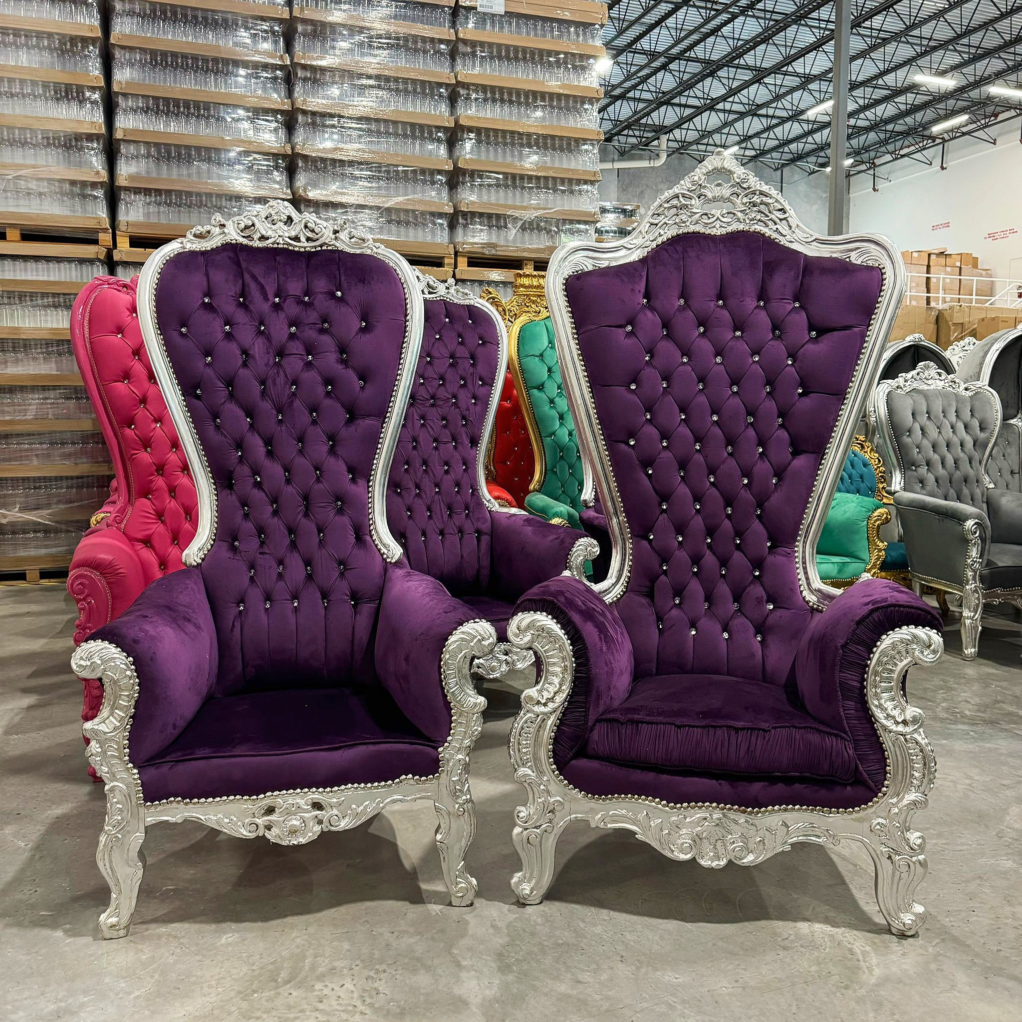 Throne Chair *SET For Him and Her* French Style Purple Velvet High-Back Tufted