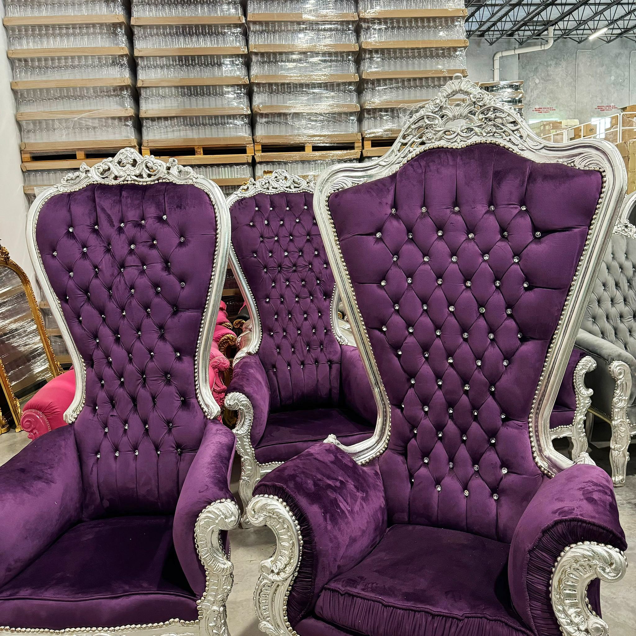 Throne Chair *SET For Him and Her* French Style Purple Velvet High-Back Tufted