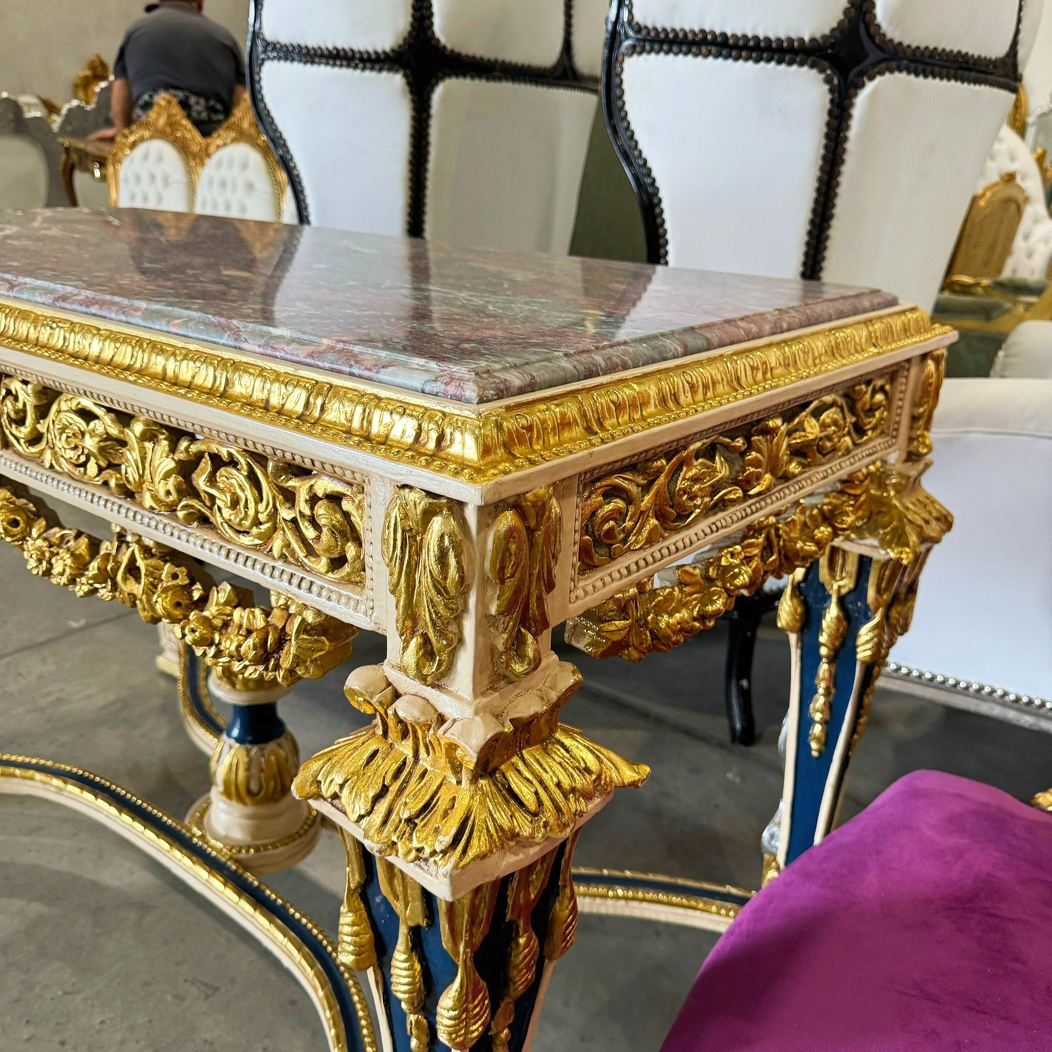 1950s French Baroque Table with Gold Leaf Marble Topped