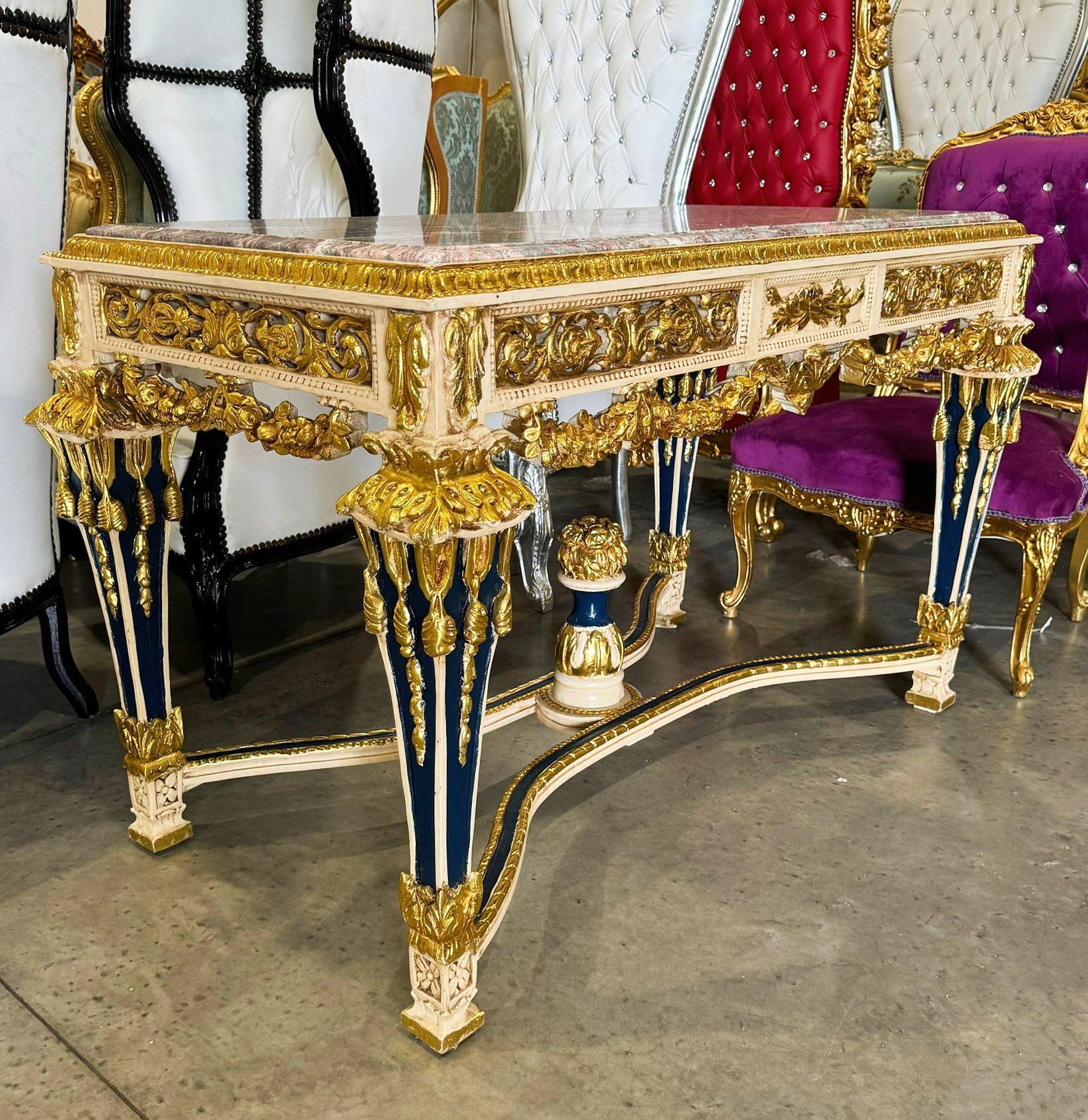 1950s French Baroque Table with Gold Leaf Marble Topped
