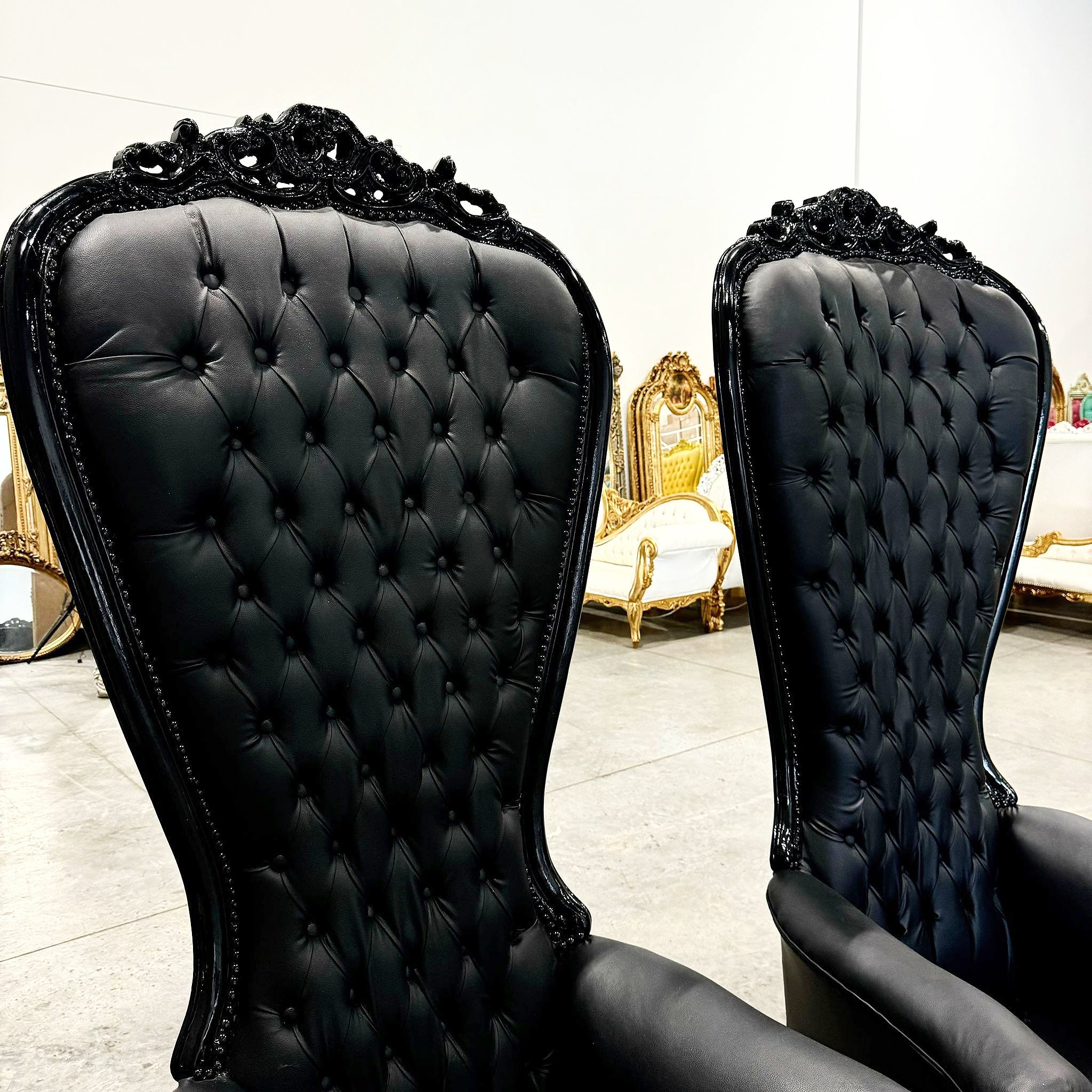 Throne Chair French Style Black Leather High-Back Tufted Black Throne