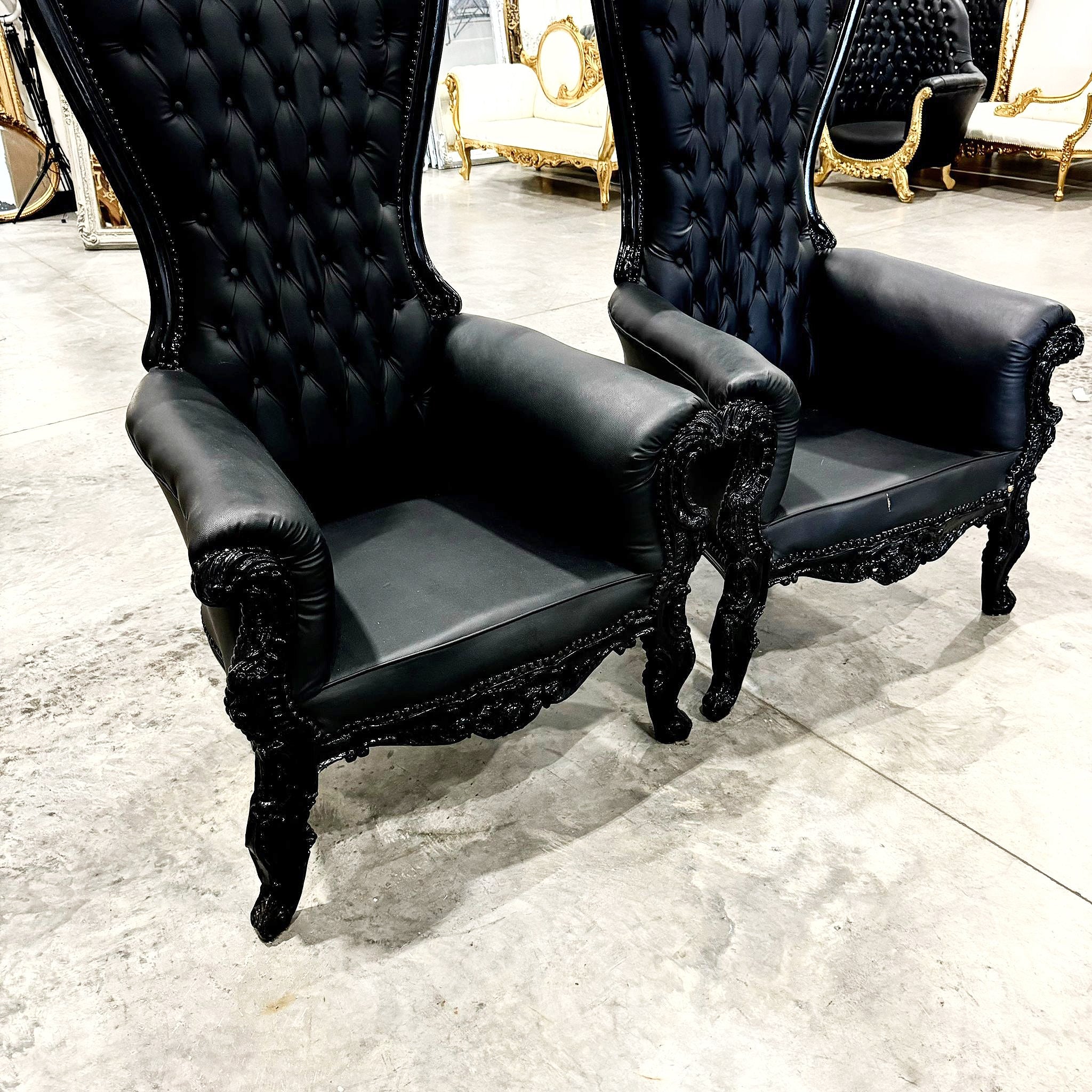 Throne Chair French Style Black Leather High-Back Tufted Black Throne