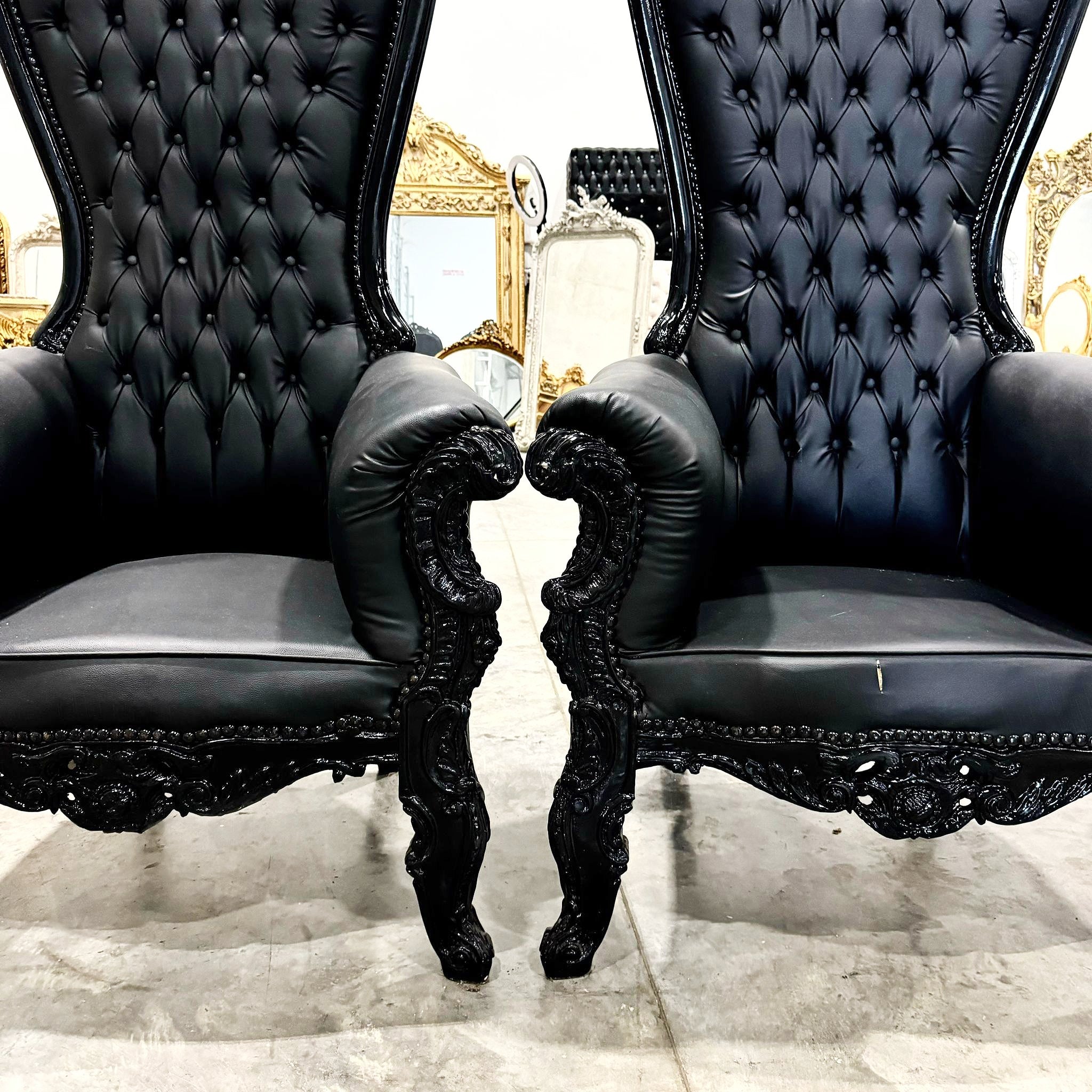 Throne Chair French Style Black Leather High-Back Tufted Black Throne