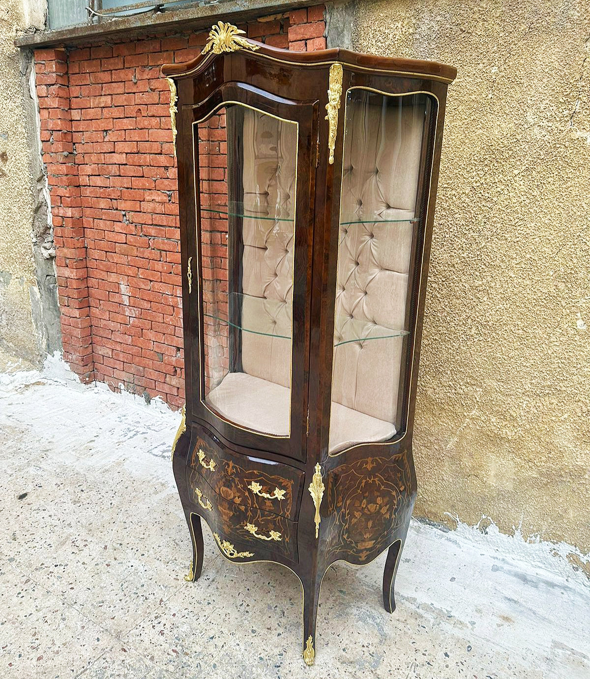 French Rococo Style Brown Glass Cabinet – Louis XV, Inlaid, Bronze Detail
