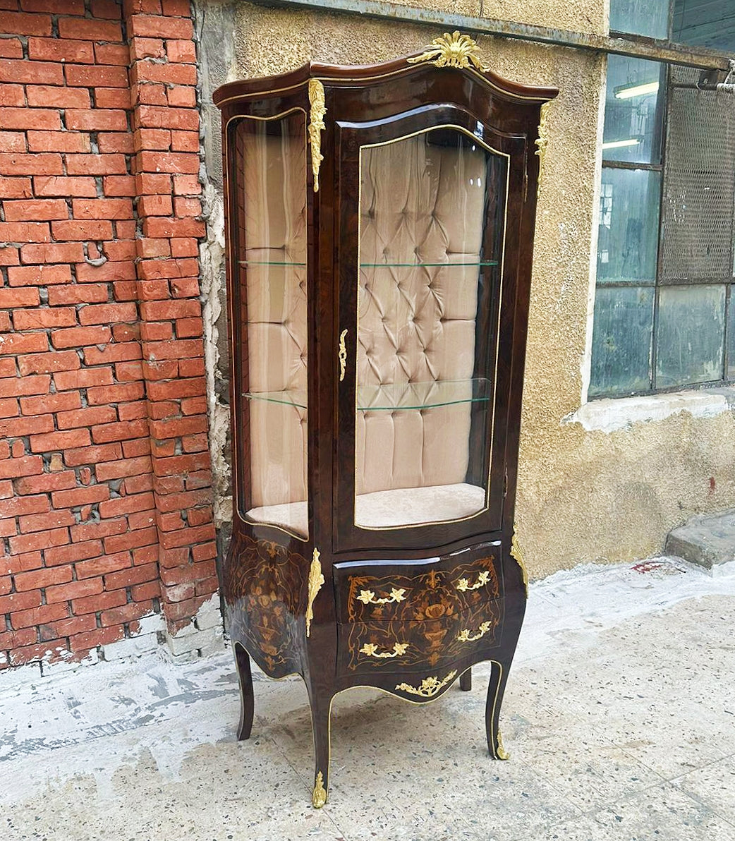 French Rococo Style Brown Glass Cabinet – Louis XV, Inlaid, Bronze Detail