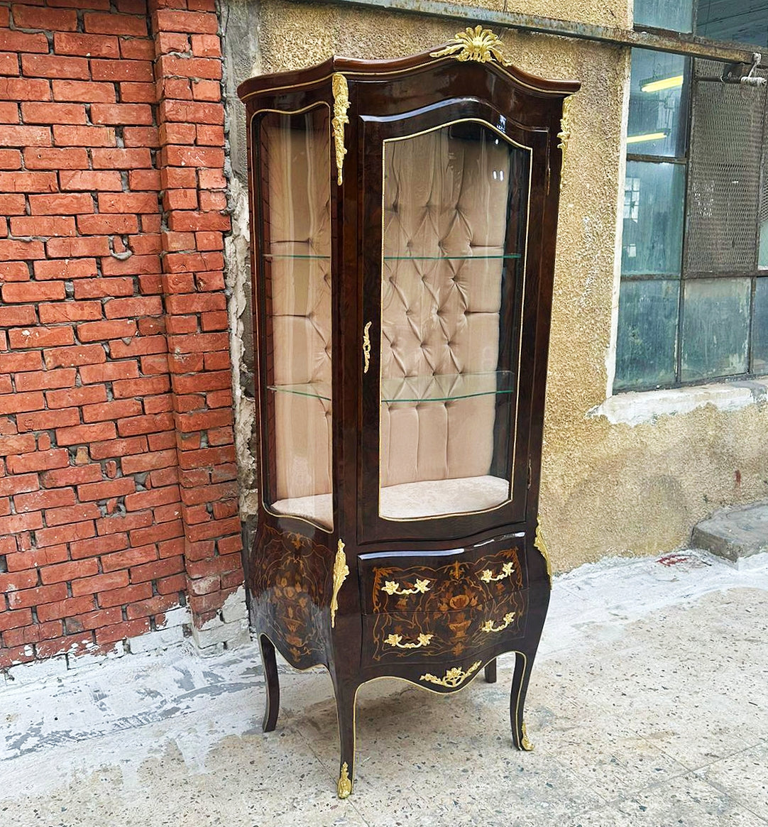 French Rococo Style Brown Glass Cabinet – Louis XV, Inlaid, Bronze Detail