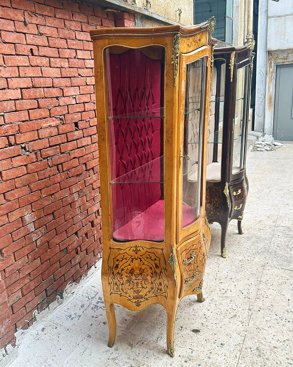 French Style Bombe Glass Cabinet – Louis XV, Inlaid, Bronze Detail