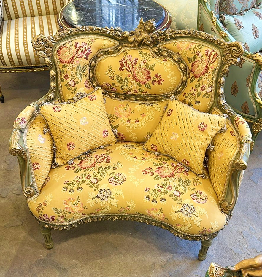 Luxury Yellow Wing Chair – Italian Style with Damask & Gold Leaf Touches