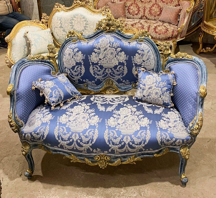 French Style Gold Leaf Sofa – Dark Blue Damask, Perfect for Weddings