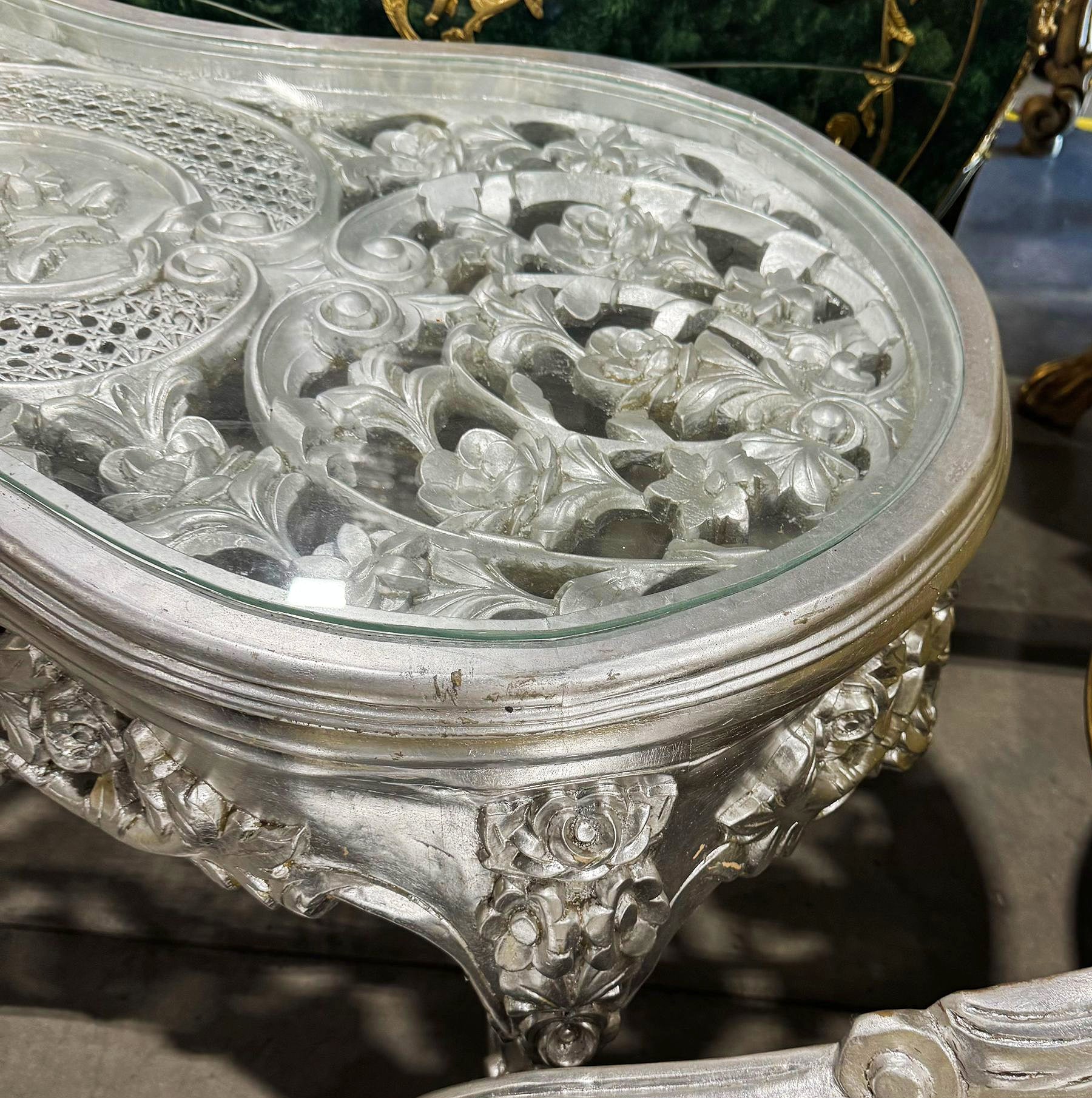French Style Silver Coffee Table Glass Topped Silver Leaf Details