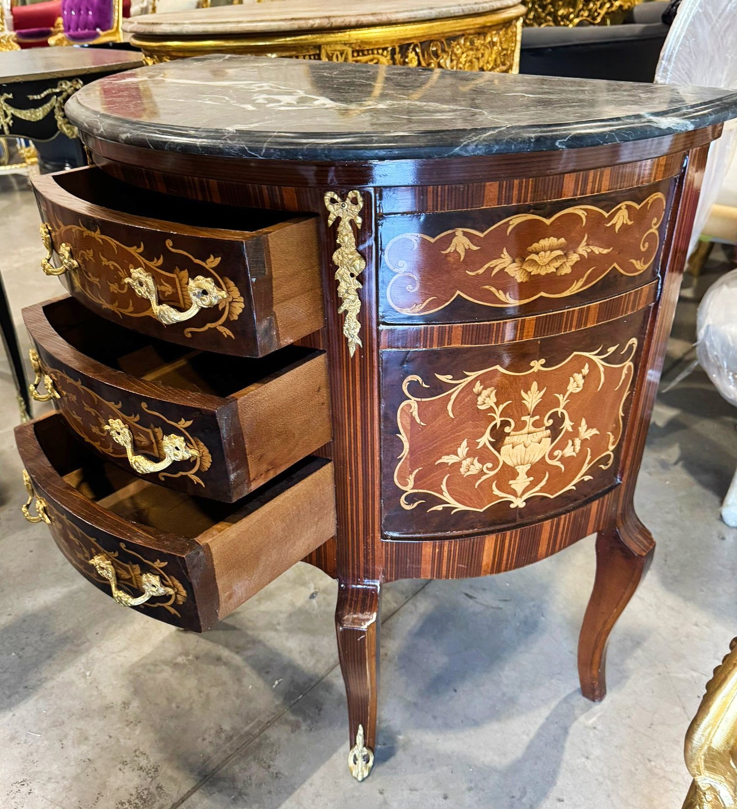 Bedside Table Louis XV Style Marquetry French Side Table with 3 Drawers
