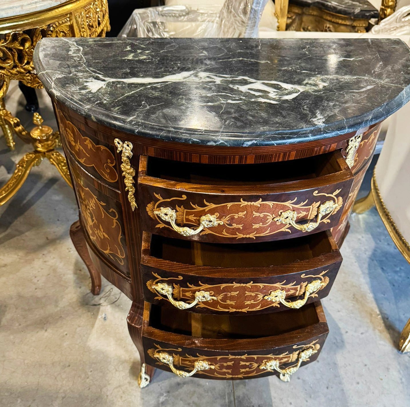 Bedside Table Louis XV Style Marquetry French Side Table with 3 Drawers