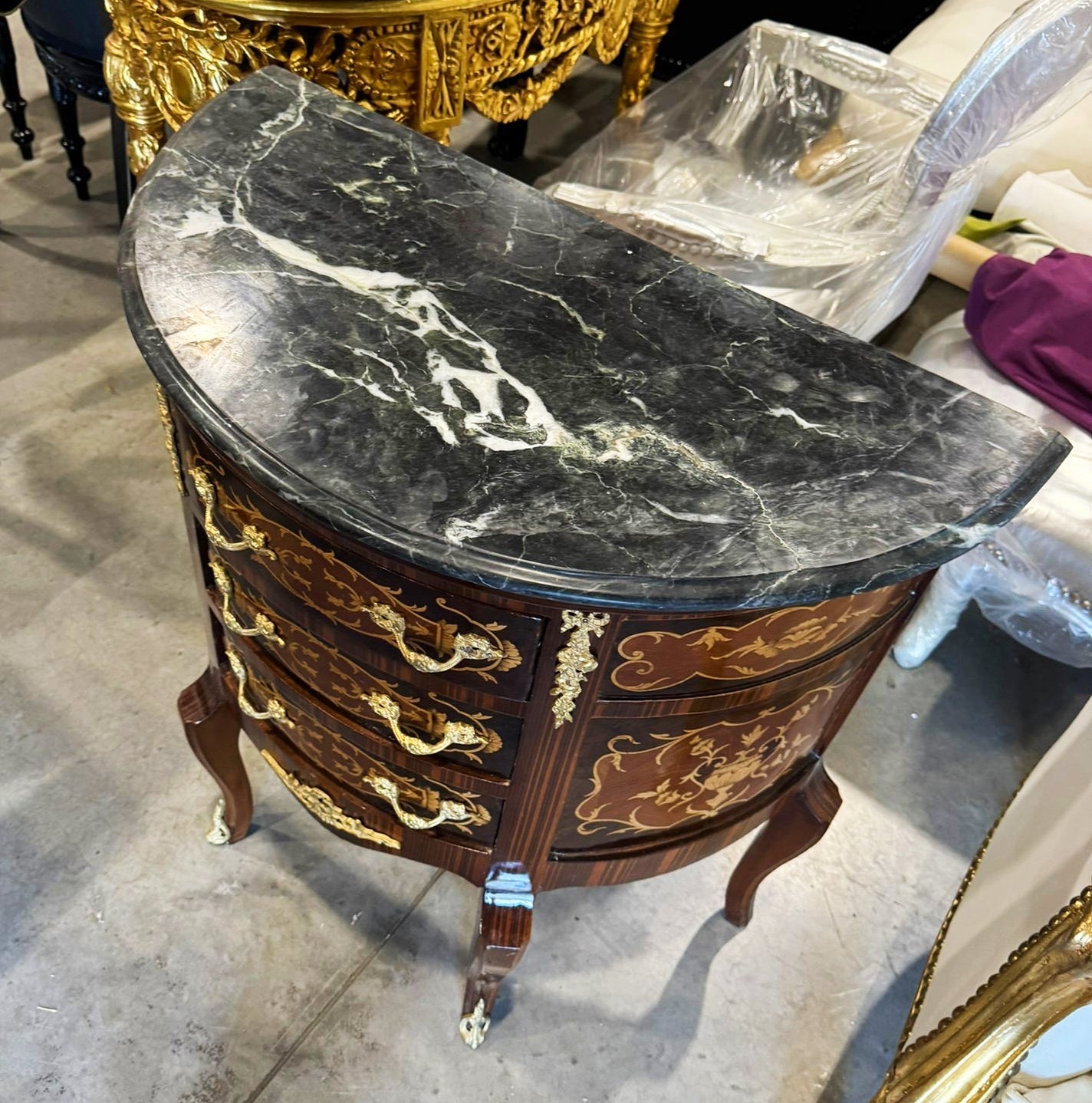 Bedside Table Louis XV Style Marquetry French Side Table with 3 Drawers