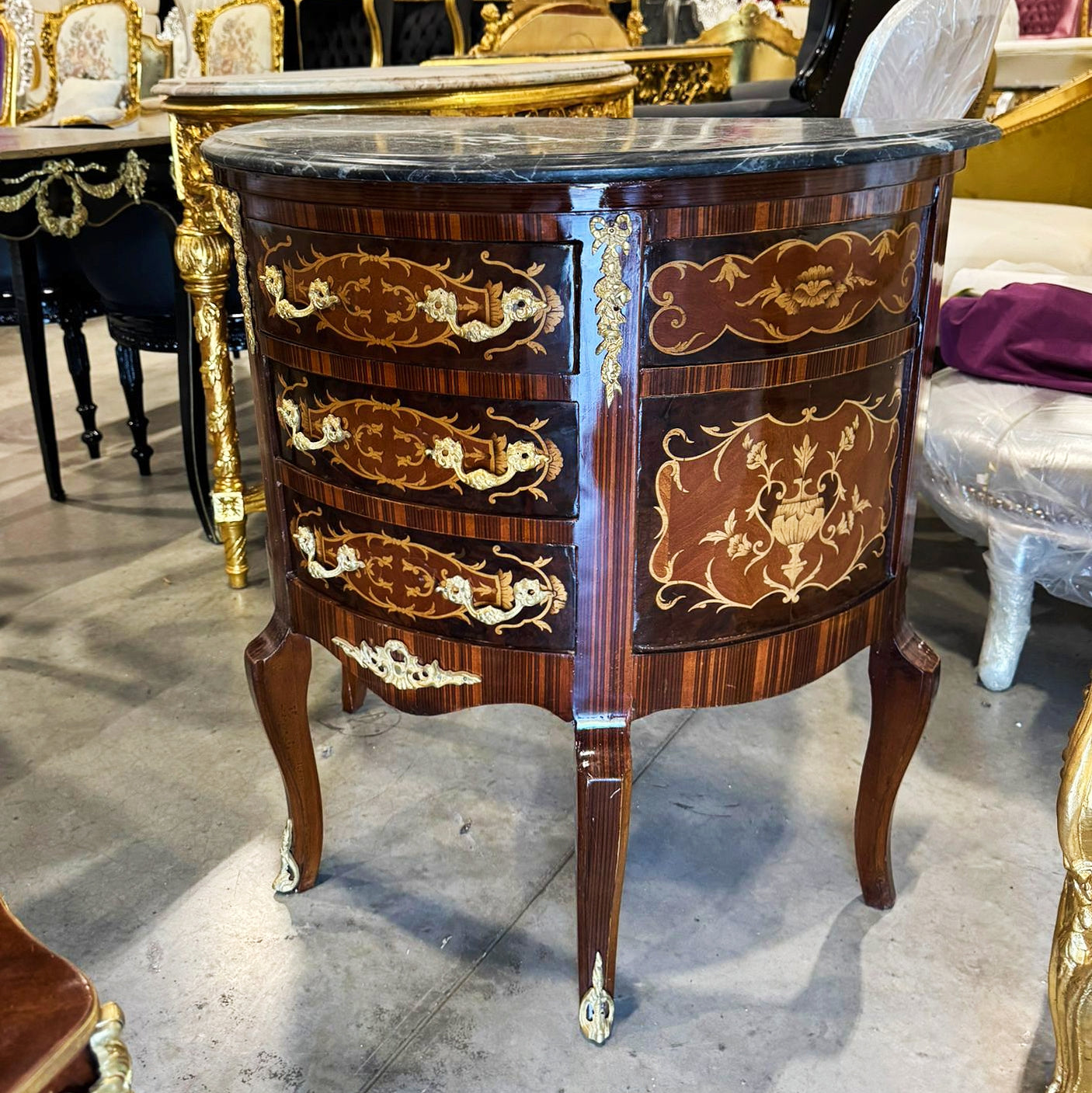 Bedside Table Louis XV Style Marquetry French Side Table with 3 Drawers