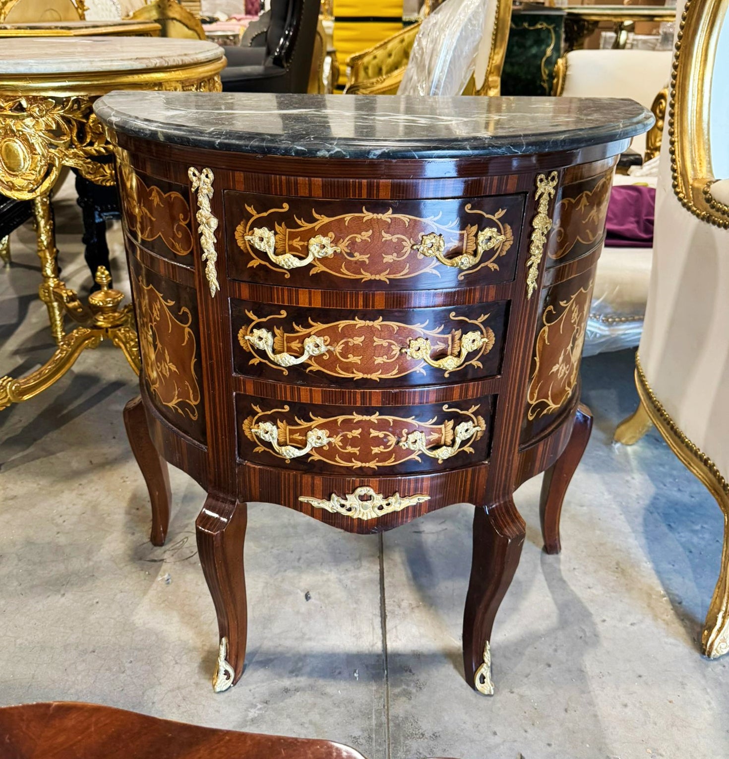 Bedside Table Louis XV Style Marquetry French Side Table with 3 Drawers