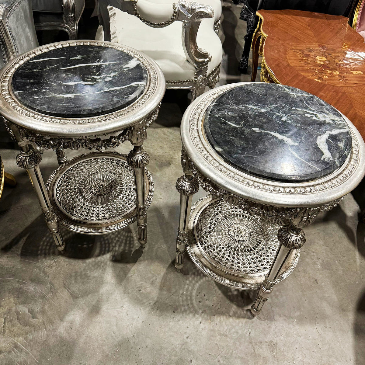 Silver Gilded Elegance – French Louis XVI Style Side Table with Black Marble Top & Ornate Filigree Shelf