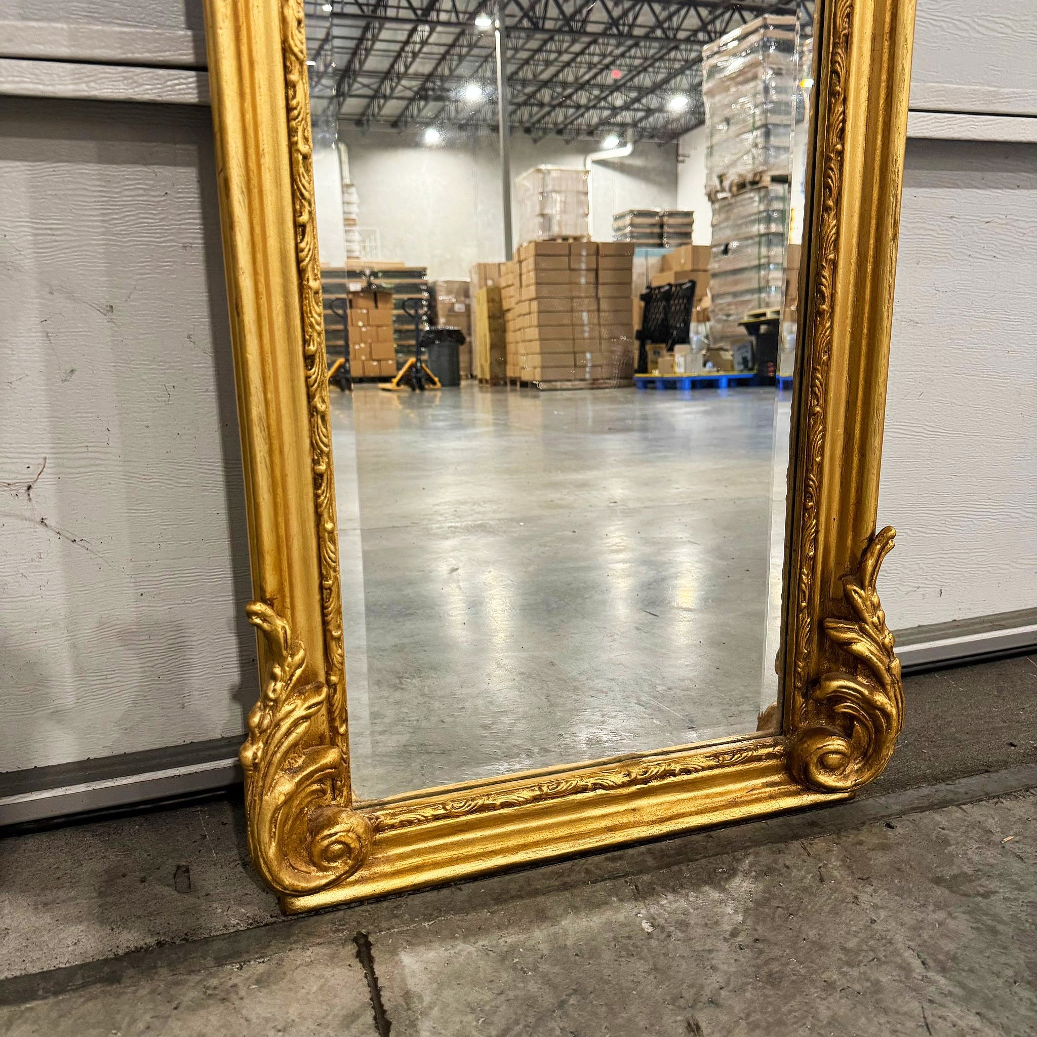 French Style Gold Floor Mirror Refinished in Gold Leaf Details