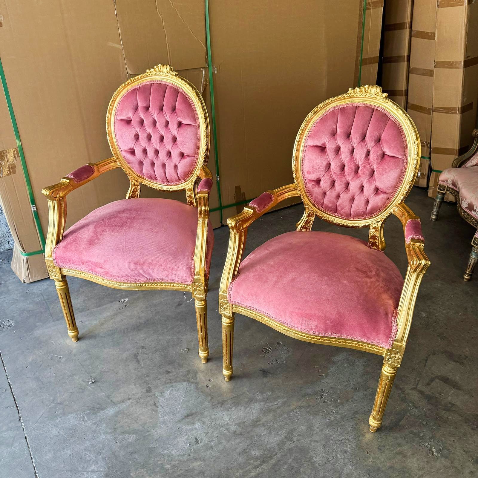 Pink Velvet Chair French Style Tufted with Gold Details Rococo Baroque