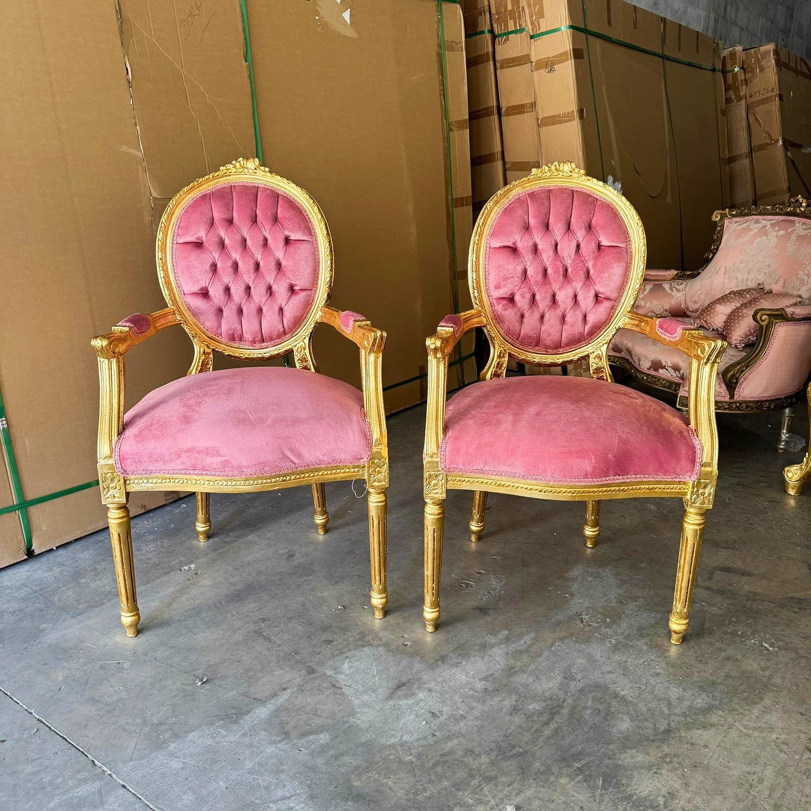 Pink Velvet Chair French Style Tufted with Gold Details Rococo Baroque