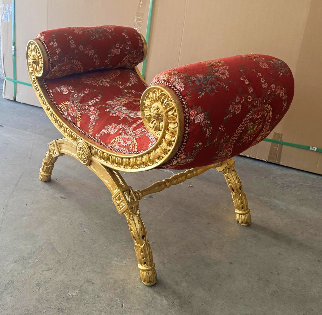 Red Small Bench French Style With Gold Details Rococo Baroque Furniture