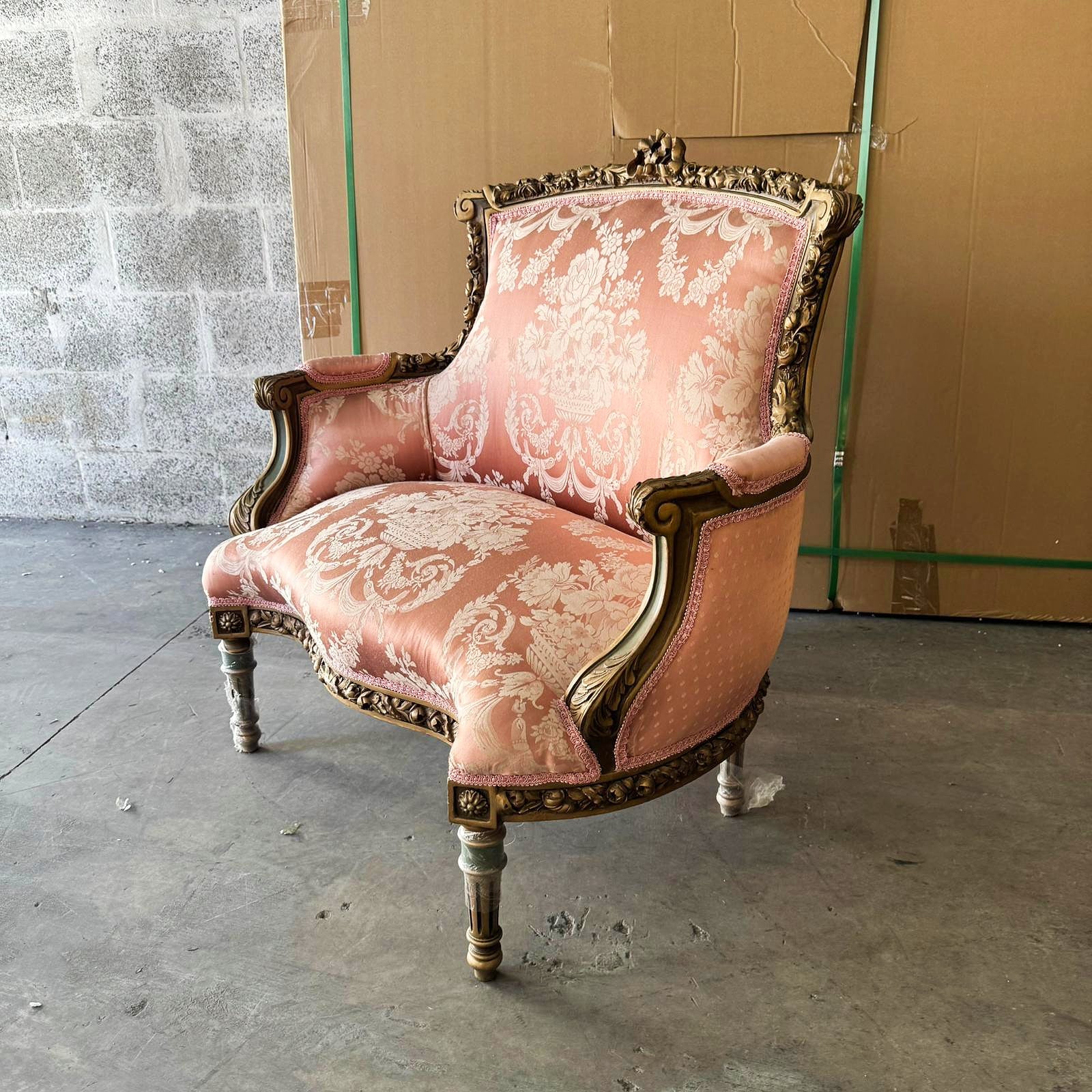 Luxury Italian Wing Chair – Pink Damask Upholstery & Gold Leaf Trim