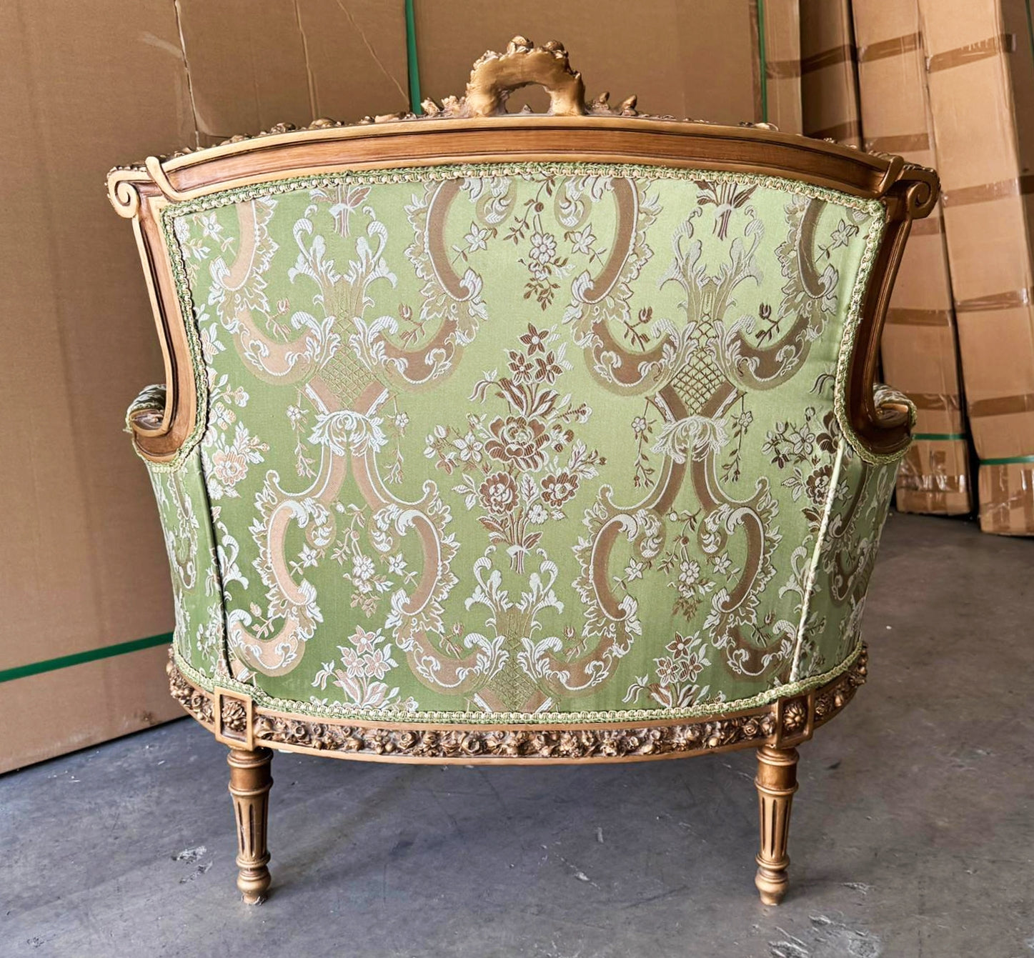 Italian Style Wingback Chair – Military Green Damask Fabric, Gold Accents