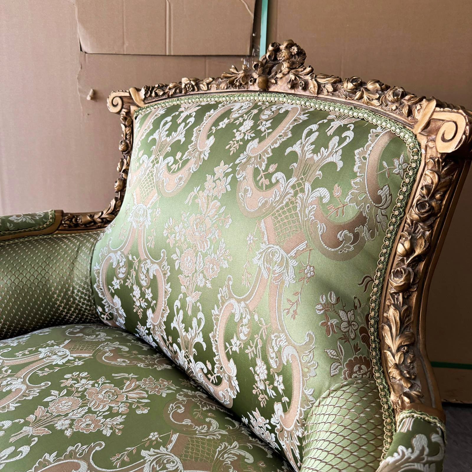 Italian Style Wingback Chair – Military Green Damask Fabric, Gold Accents
