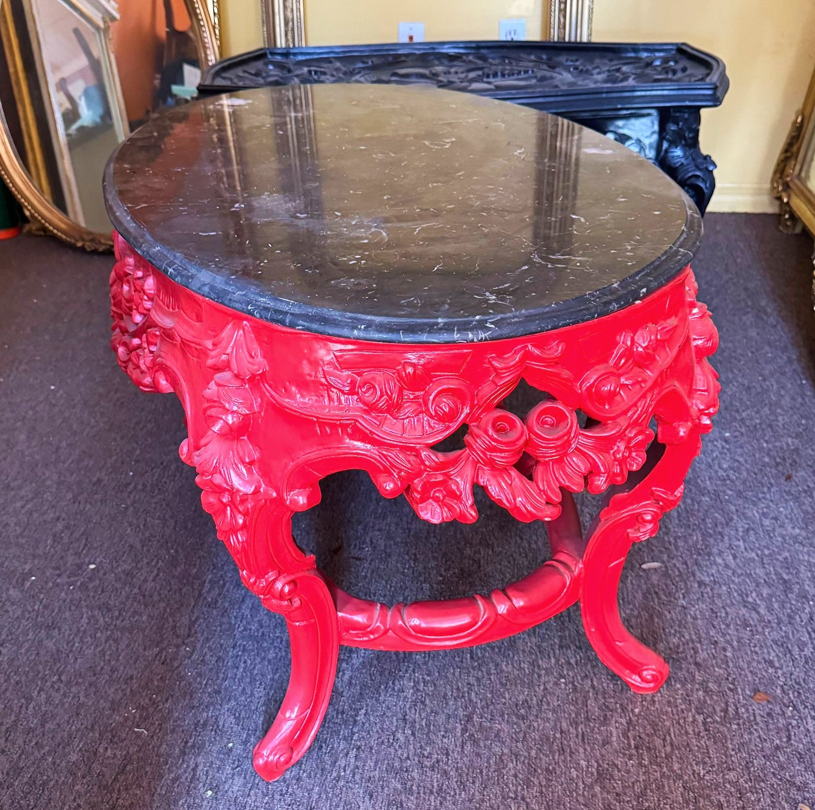 French Style Coffee Table Black Marble Topped Red Table