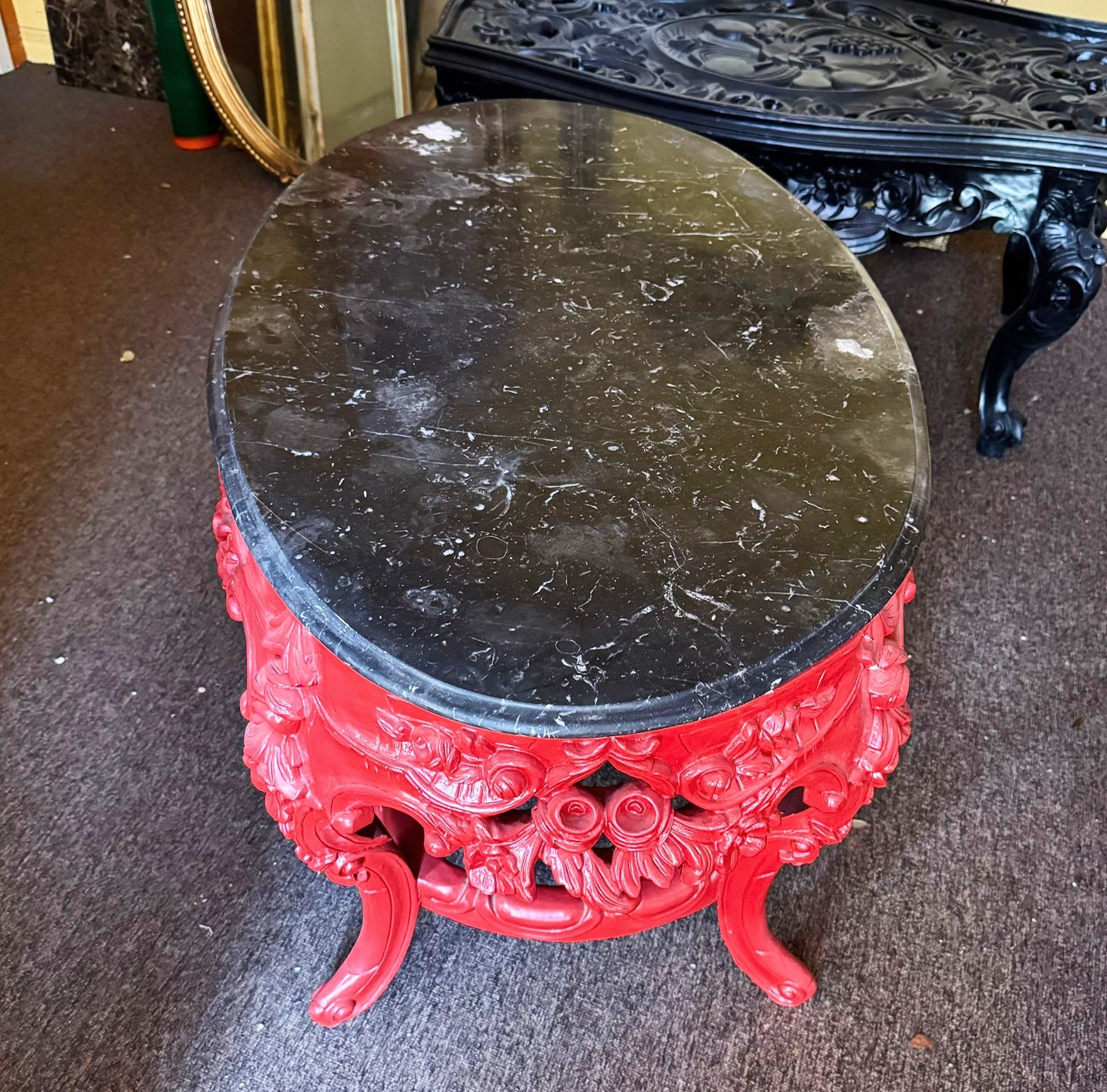 French Style Coffee Table Black Marble Topped Red Table