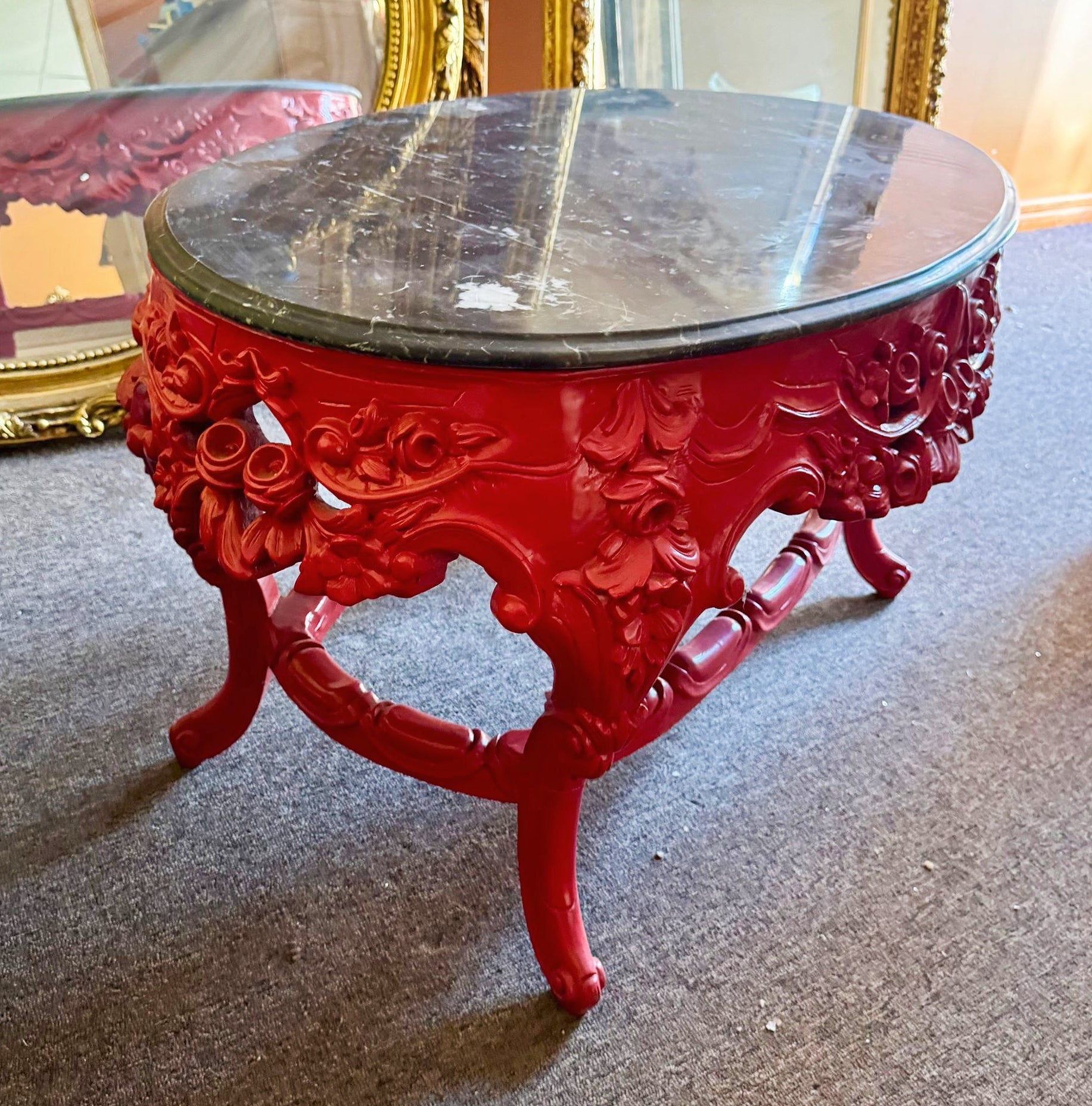 French Style Coffee Table Black Marble Topped Red Table
