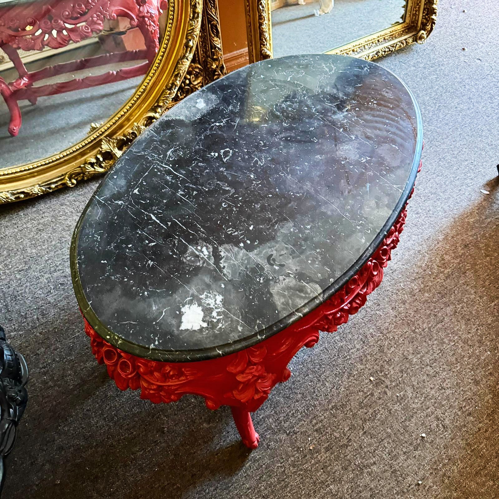 French Style Coffee Table Black Marble Topped Red Table