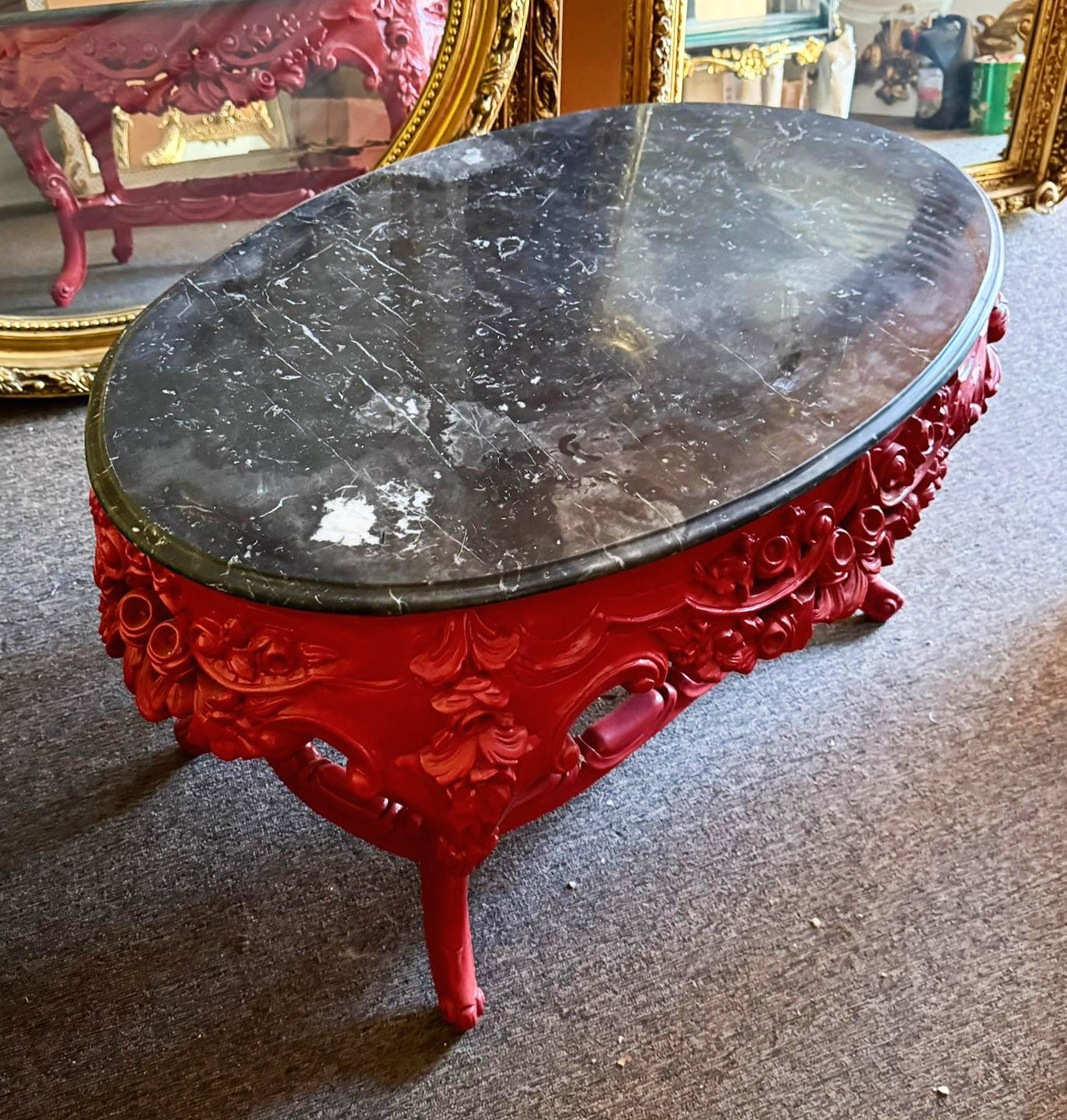 French Style Coffee Table Black Marble Topped Red Table