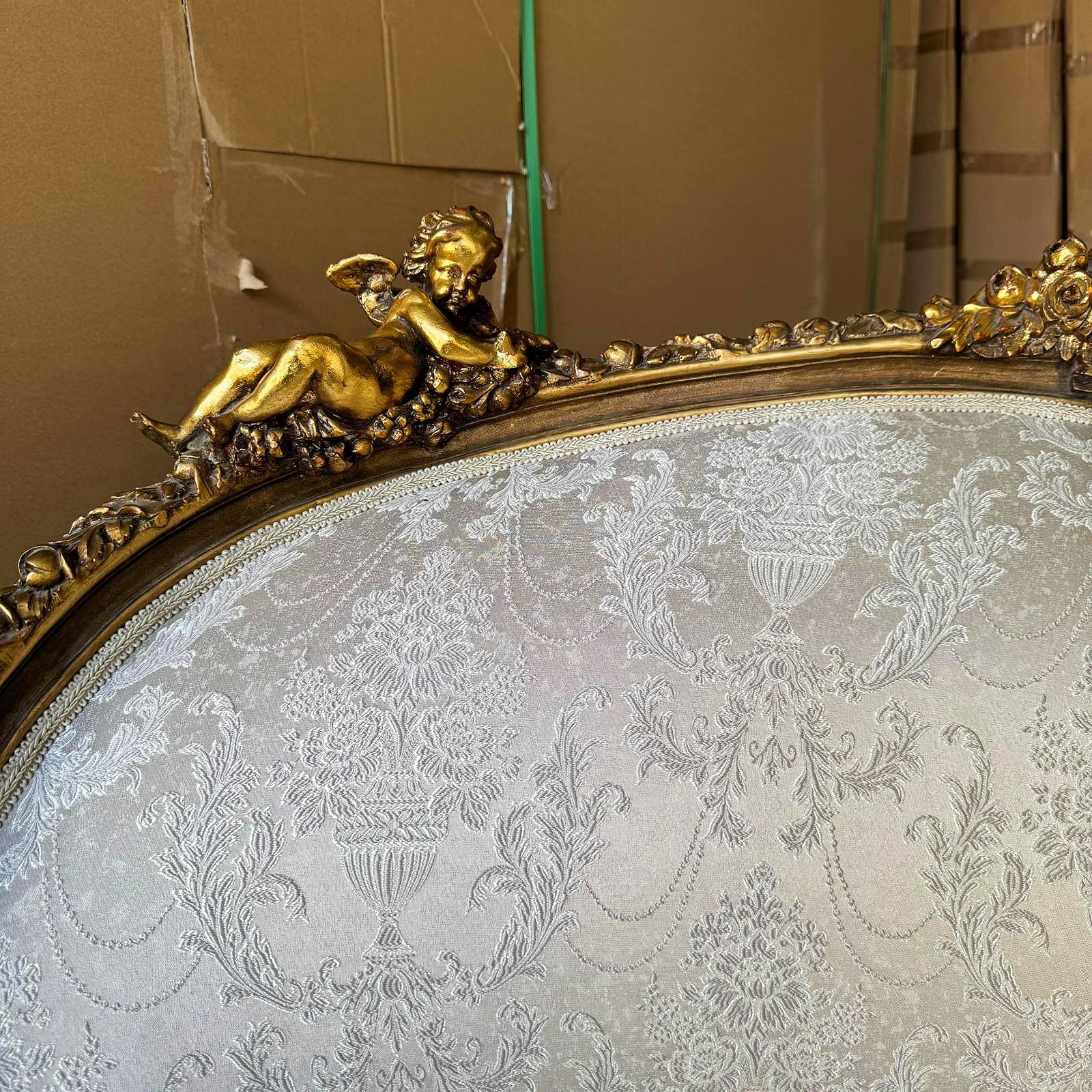 Romantic French Style Sofa – White & Beige Damask, Rococo with Gold Leaf Details