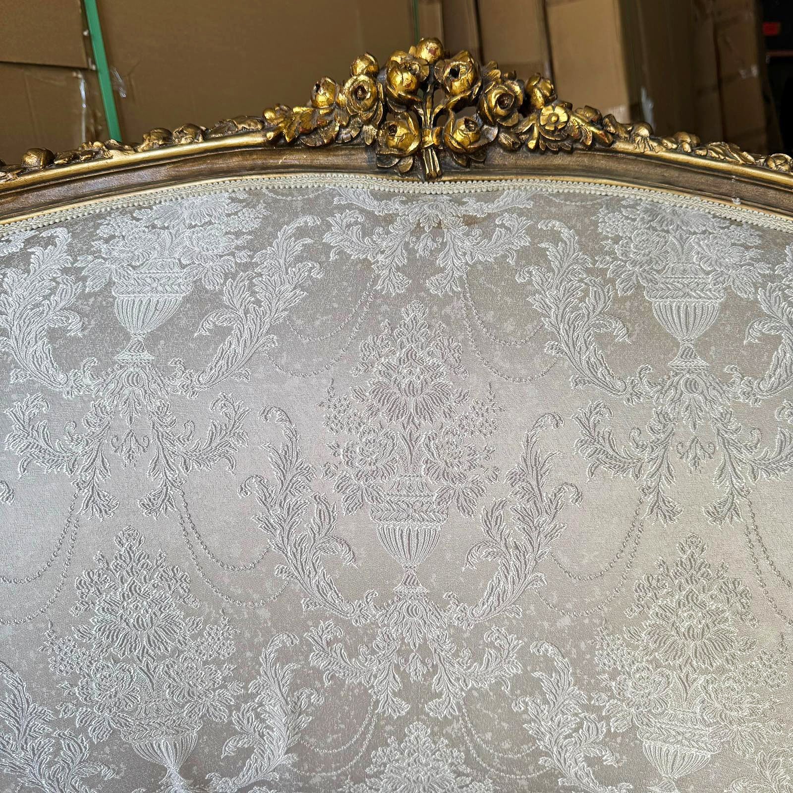 Romantic French Style Sofa – White & Beige Damask, Rococo with Gold Leaf Details