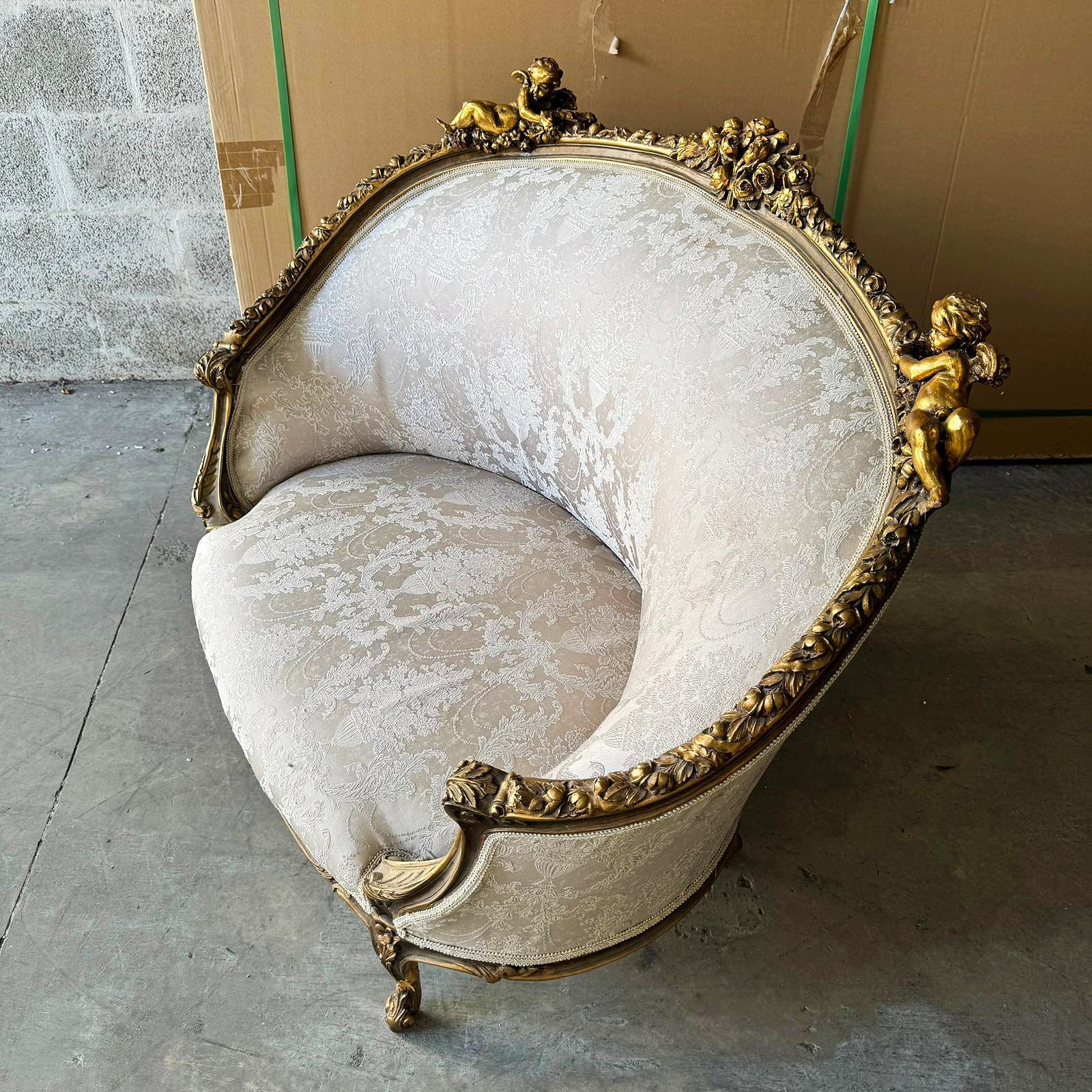 Romantic French Style Sofa – White & Beige Damask, Rococo with Gold Leaf Details