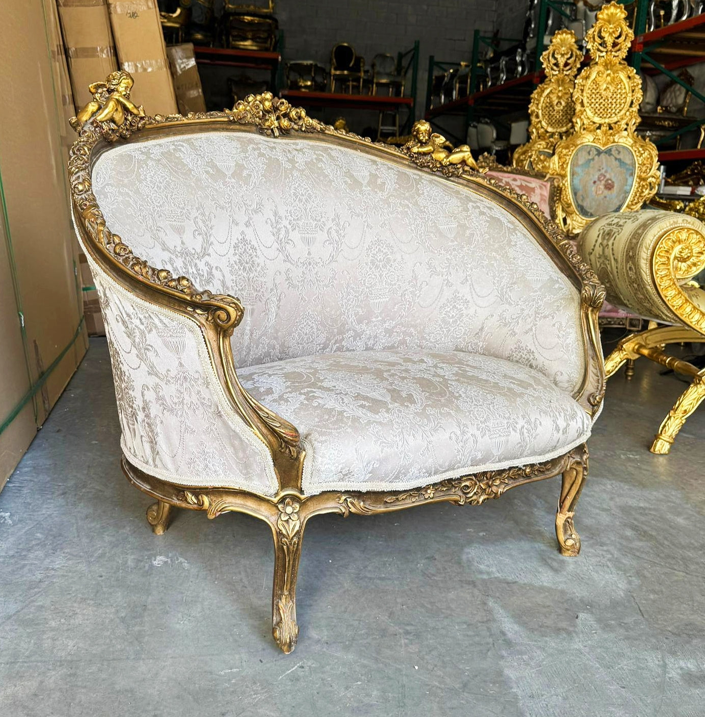 Romantic French Style Sofa – White & Beige Damask, Rococo with Gold Leaf Details