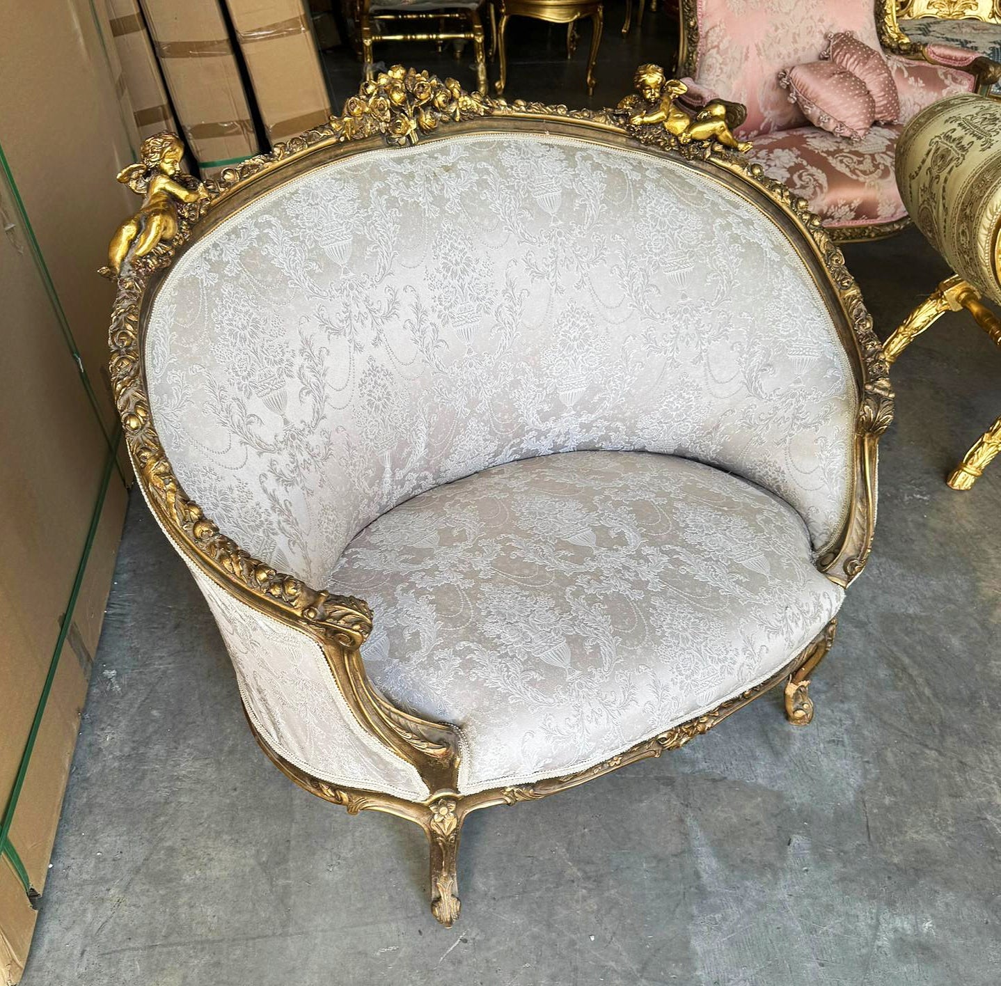 Romantic French Style Sofa – White & Beige Damask, Rococo with Gold Leaf Details