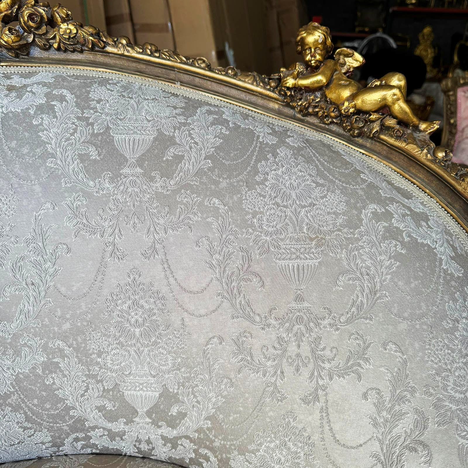 Romantic French Style Sofa – White & Beige Damask, Rococo with Gold Leaf Details