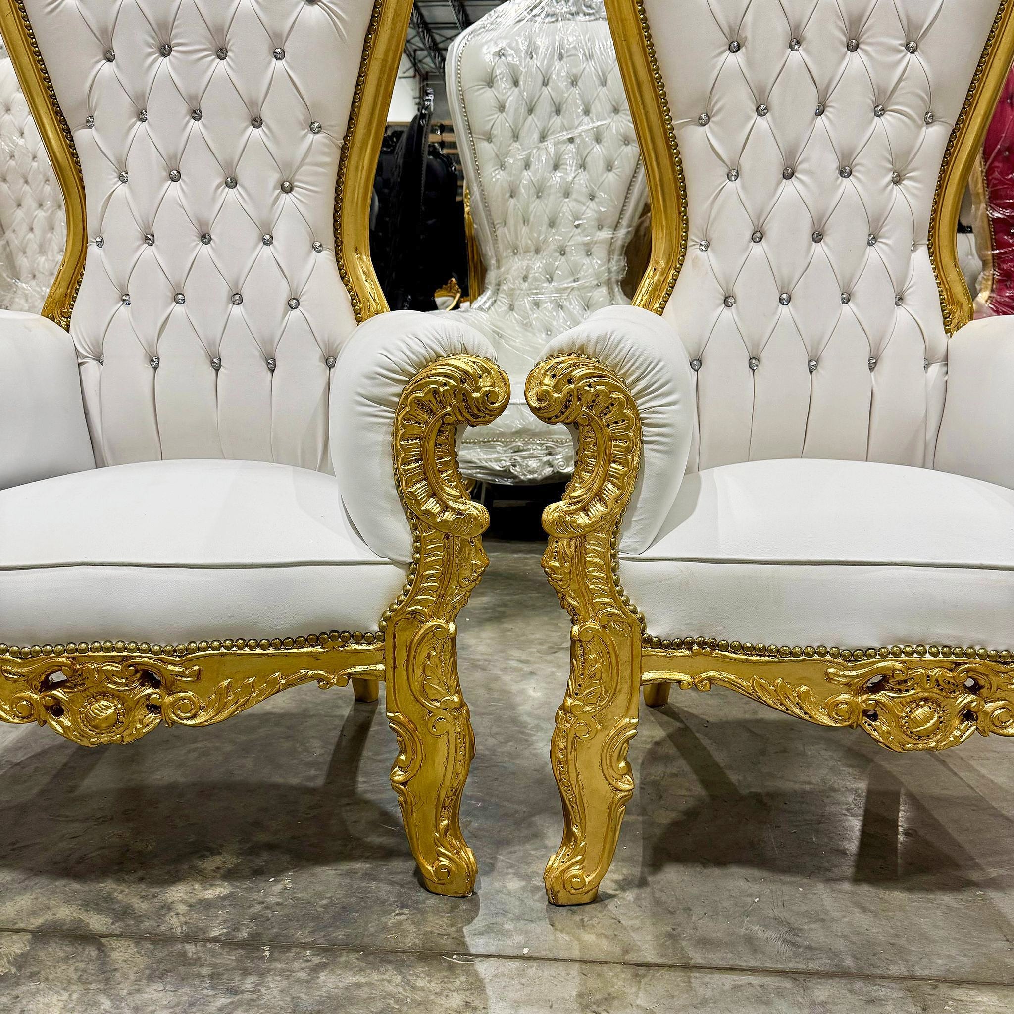 Throne Chair French Style White Leather High-Back Tufted Golden Throne