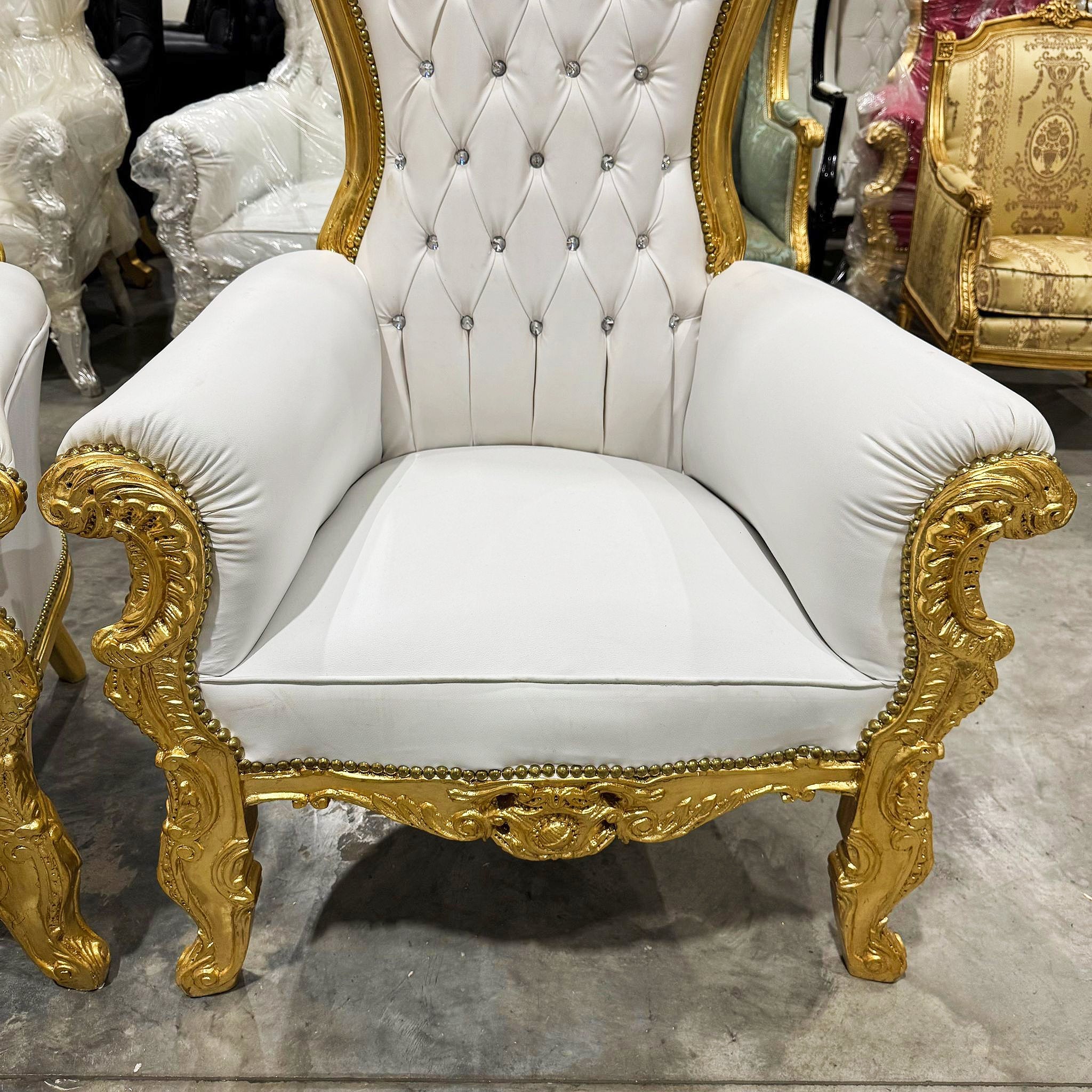 Throne Chair French Style White Leather High-Back Tufted Golden Throne