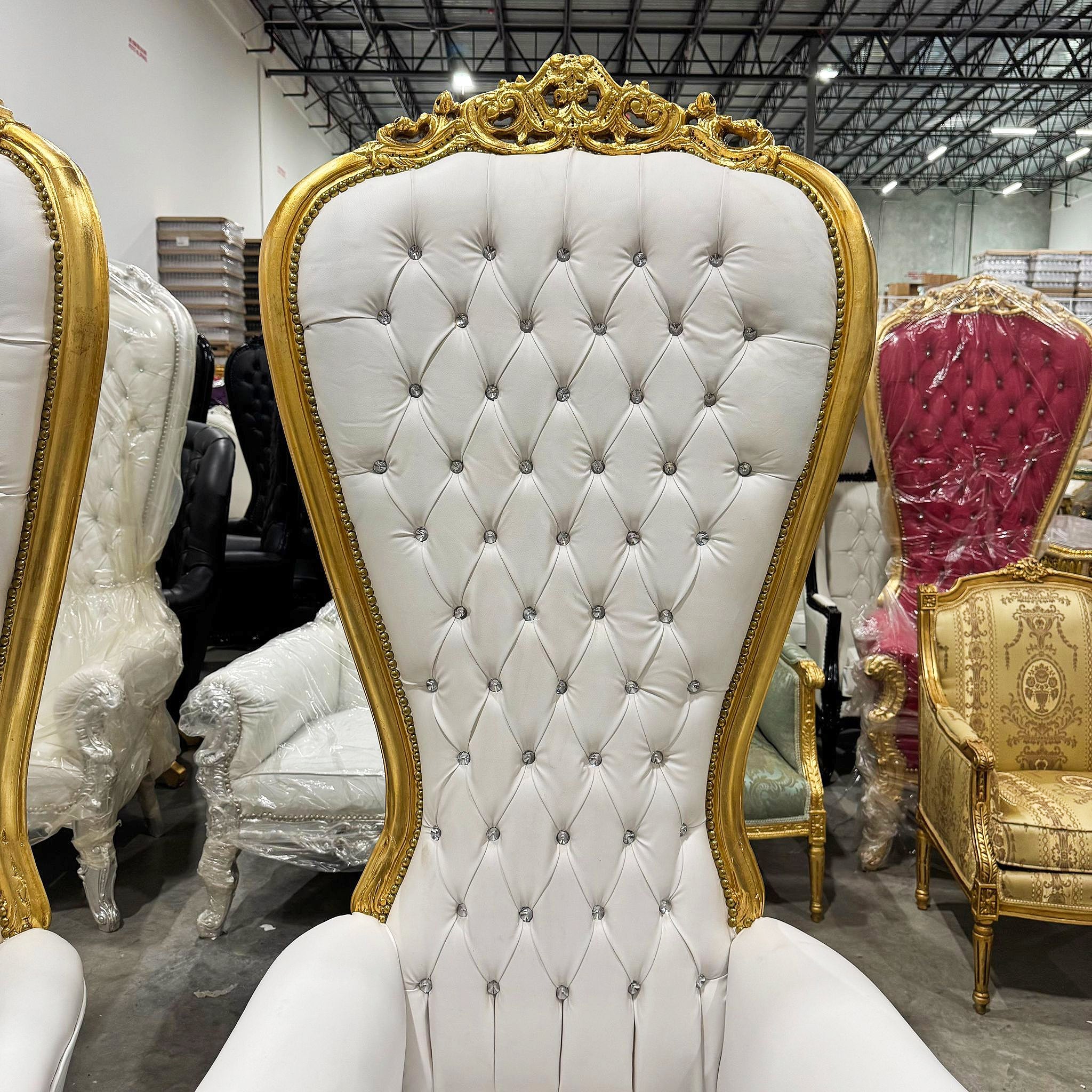 Throne Chair French Style White Leather High-Back Tufted Golden Throne