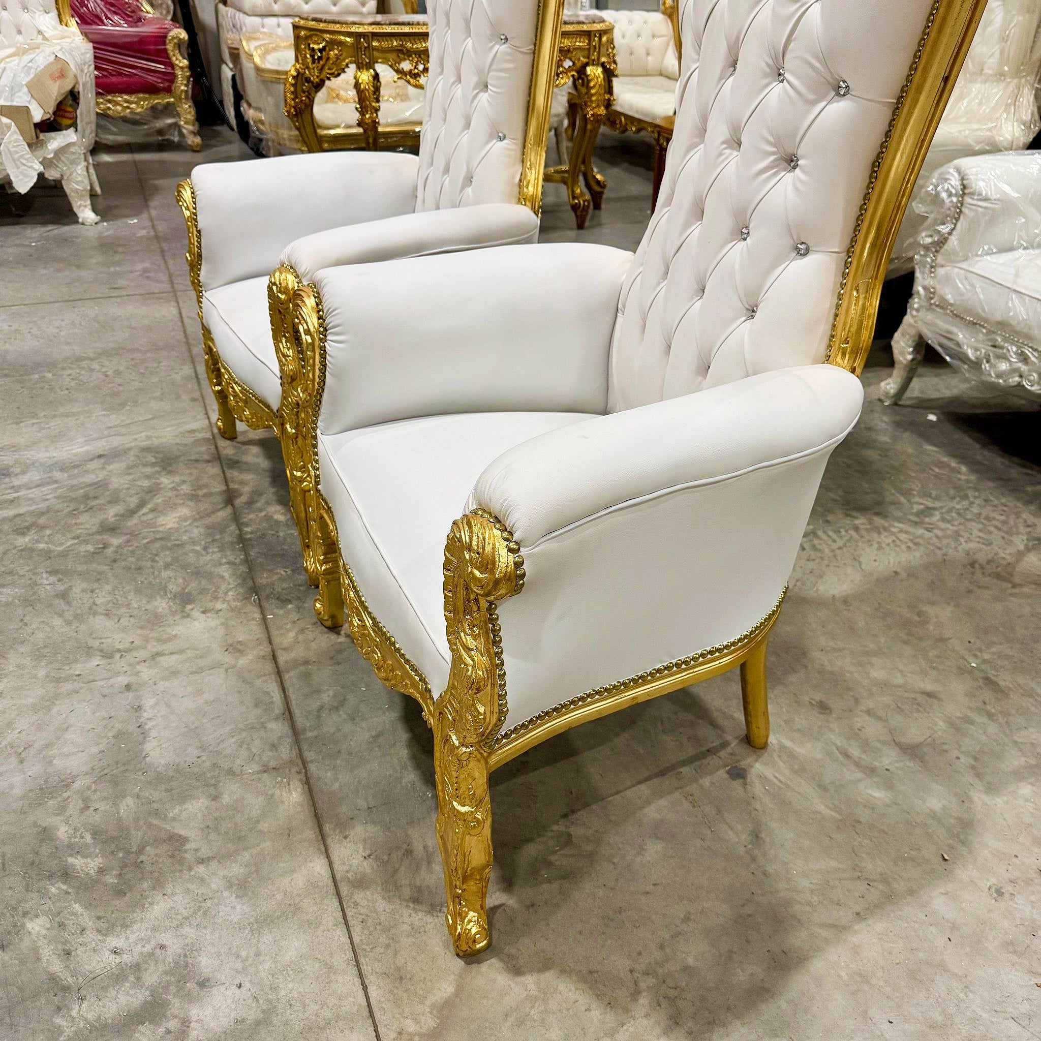 Throne Chair French Style White Leather High-Back Tufted Golden Throne
