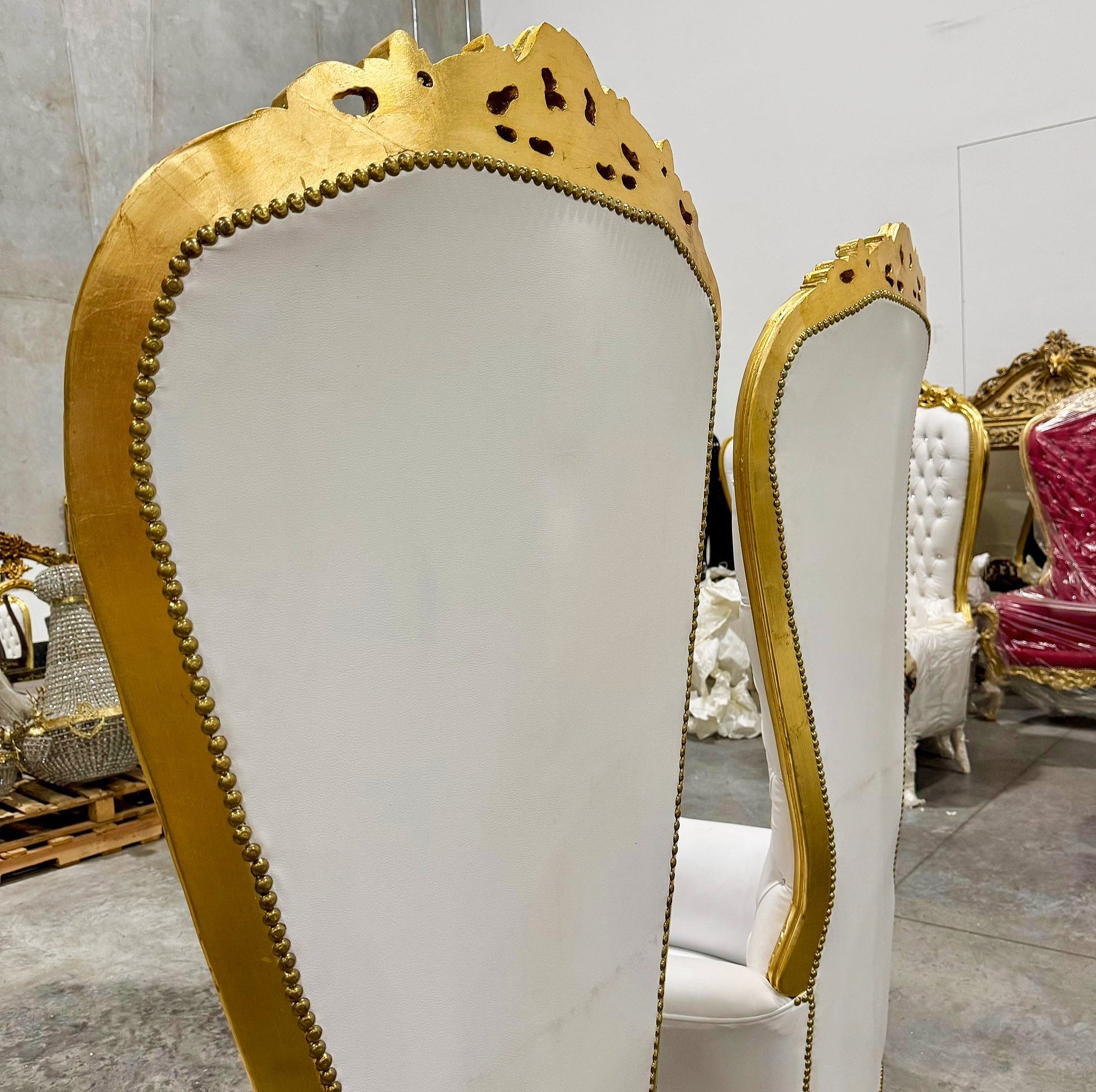 Throne Chair French Style White Leather High-Back Tufted Golden Throne