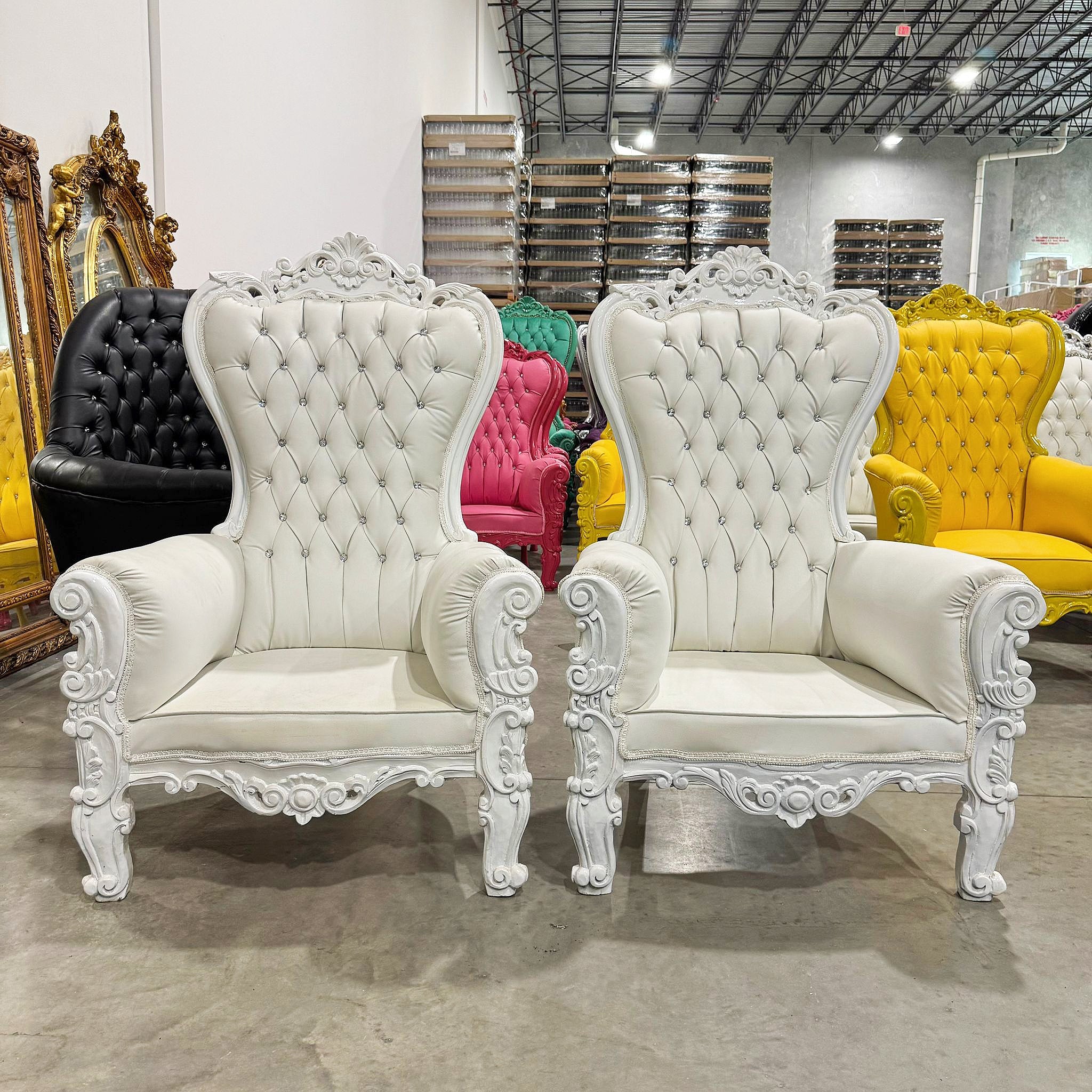 French Style White Leather Throne Chair Midsize Tufted Chair