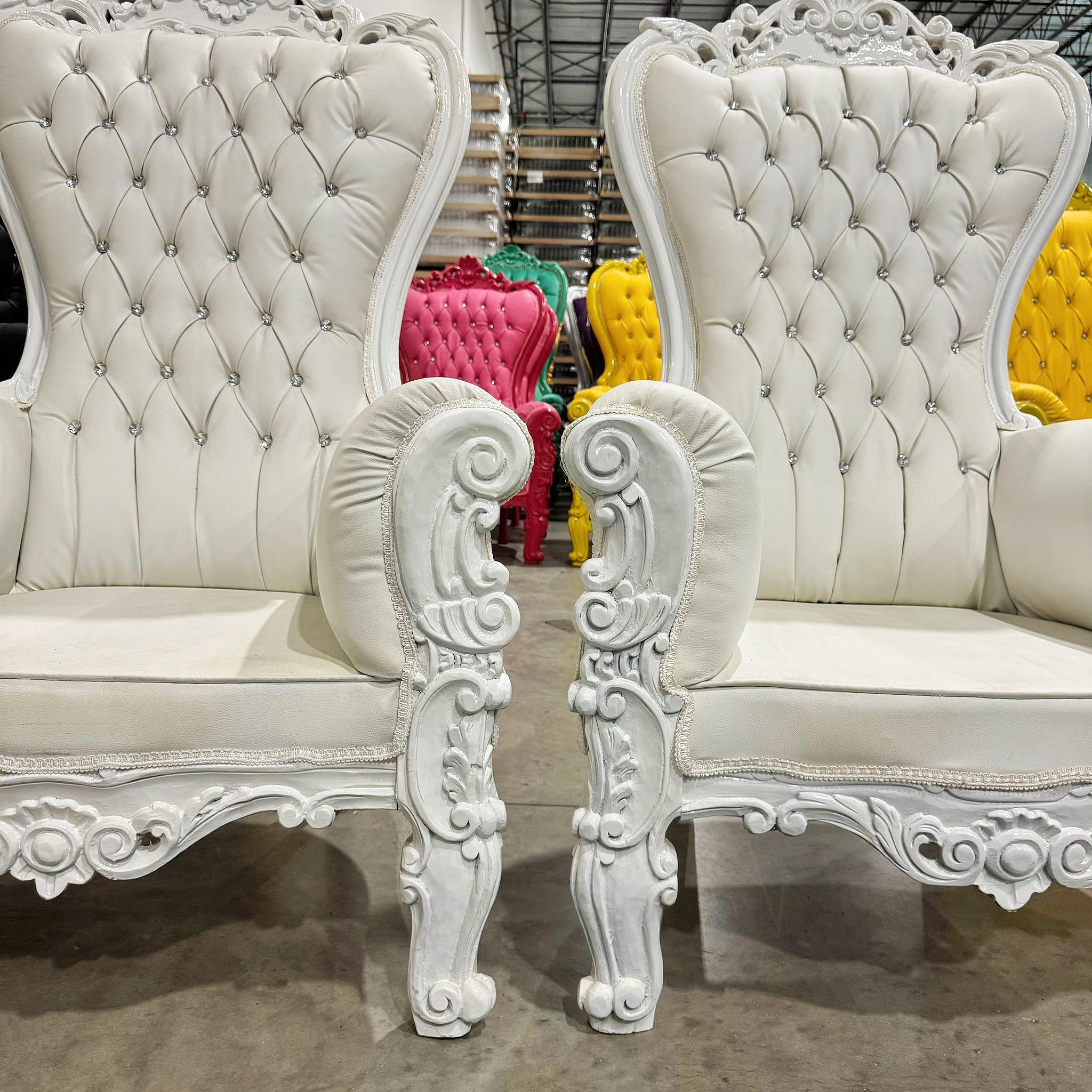 French Style White Leather Throne Chair Midsize Tufted Chair