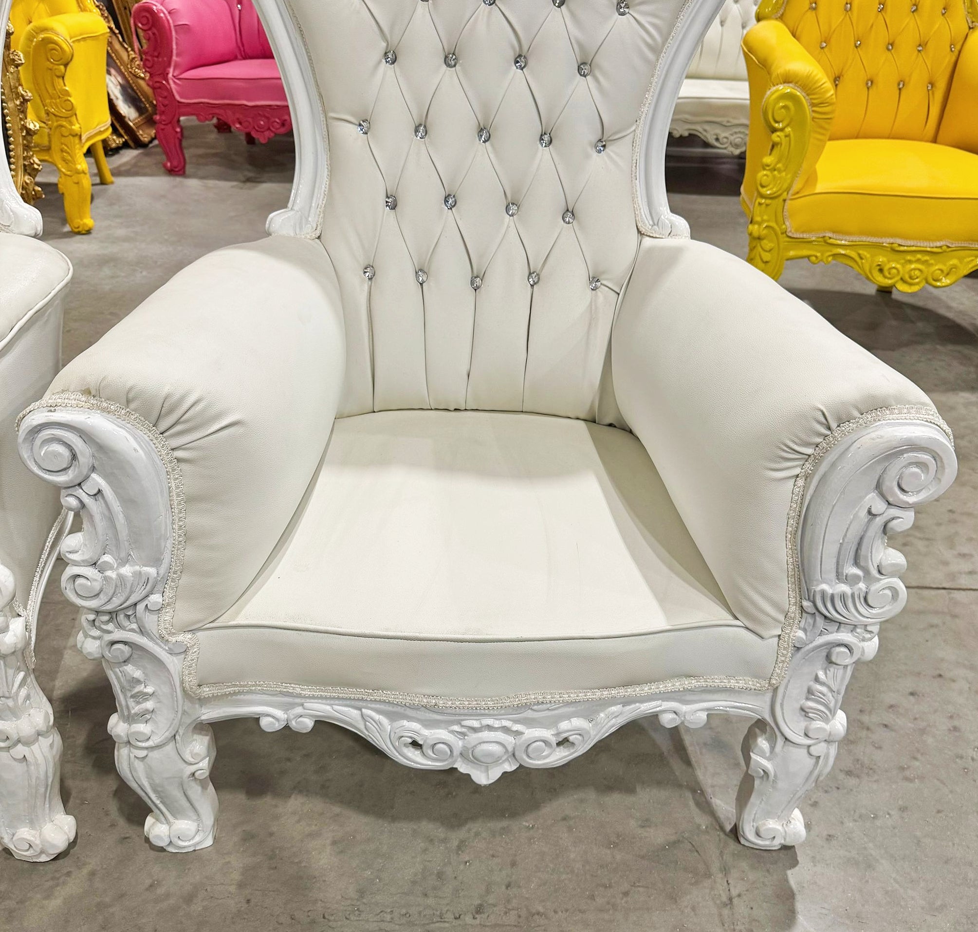 French Style White Leather Throne Chair Midsize Tufted Chair